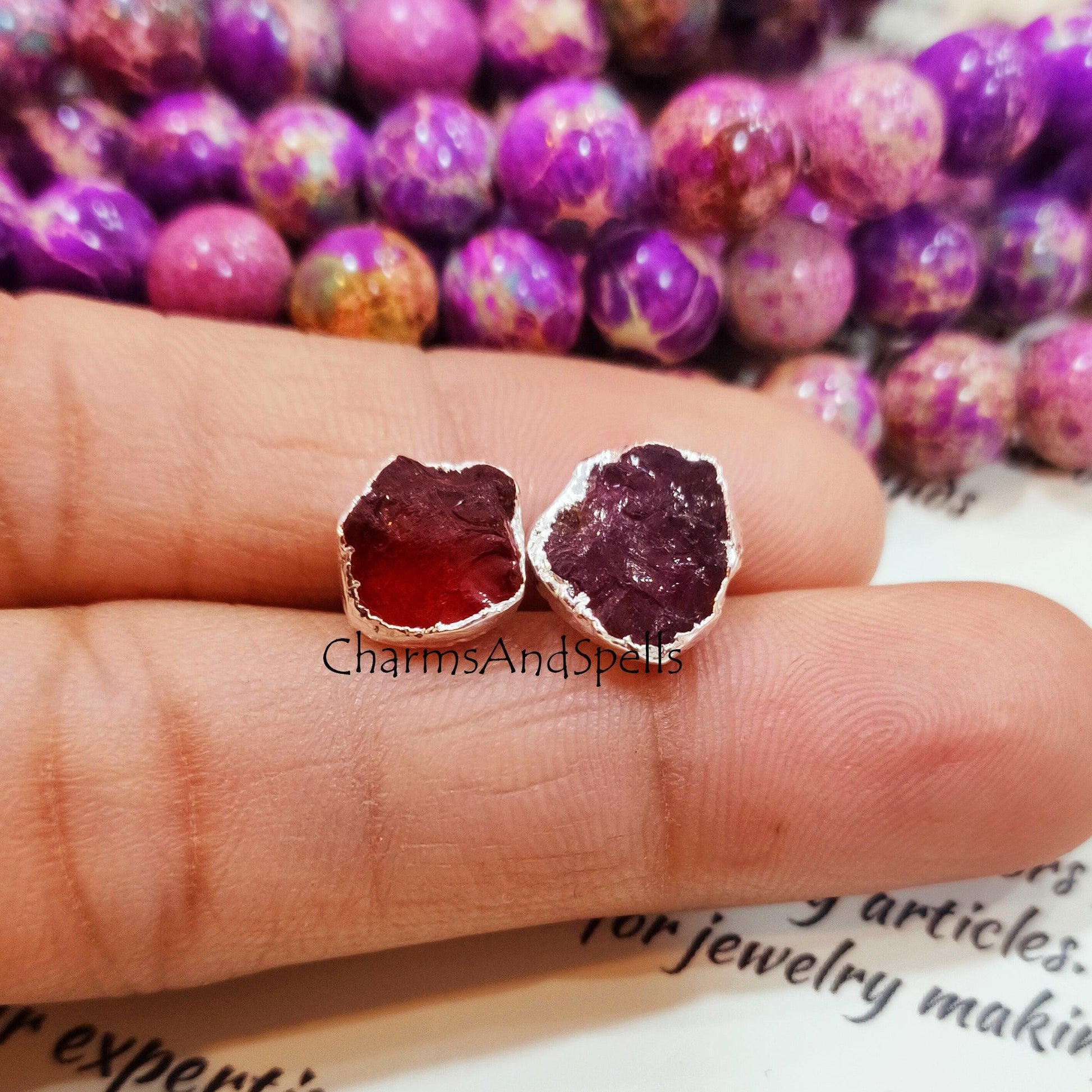 Raw Garnet Silver Electroplated Stud Earrings, January Birthstone Earrings Stud, Rough Stone, Raw Gemstone Earrings - Charms And Spells