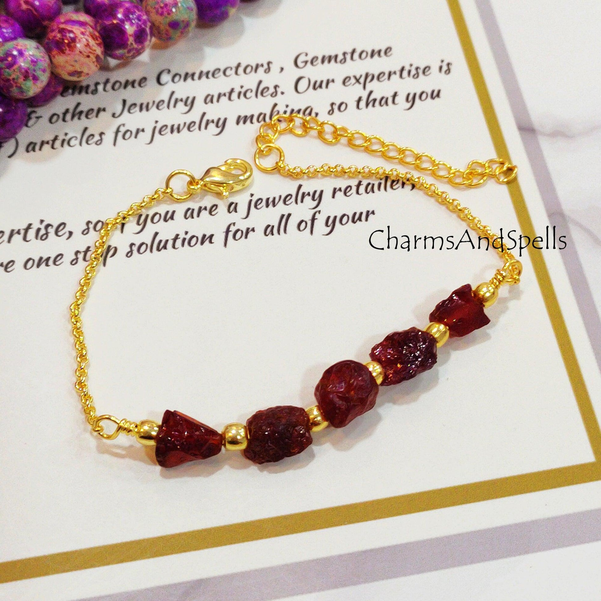 Raw Garnet Bracelet, January Birthstone Bracelet, Healing Bracelet, Raw Garnet Bracelet, Dainty Crystals Bracelet, Bracelet For Women - Charms And Spells