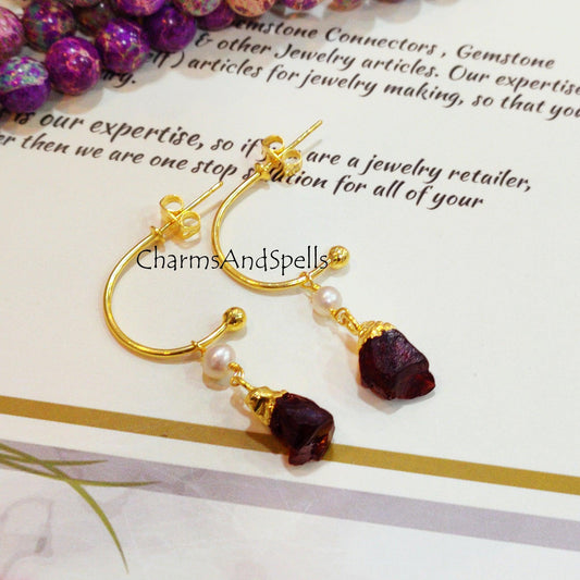 Raw Garnet Earrings, Electroplated Earrings, January Birthstone Earrings, Gold Plated Earrings, Raw Gemstone Earrings - Charms And Spells