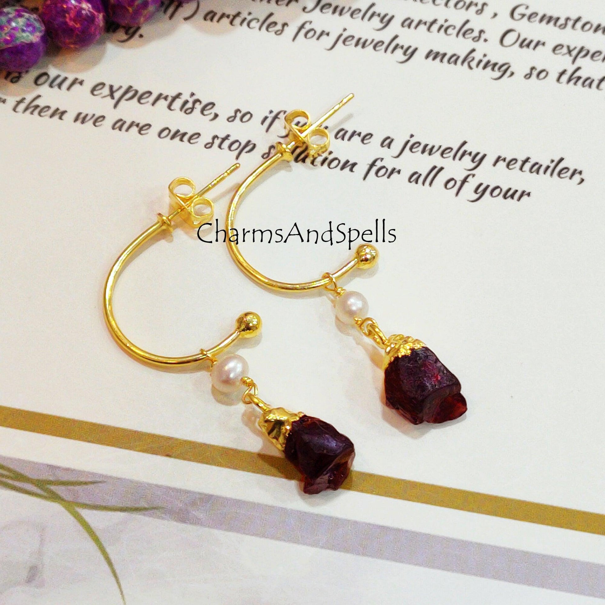 Raw Garnet Earrings, Electroplated Earrings, January Birthstone Earrings, Gold Plated Earrings, Raw Gemstone Earrings - Charms And Spells