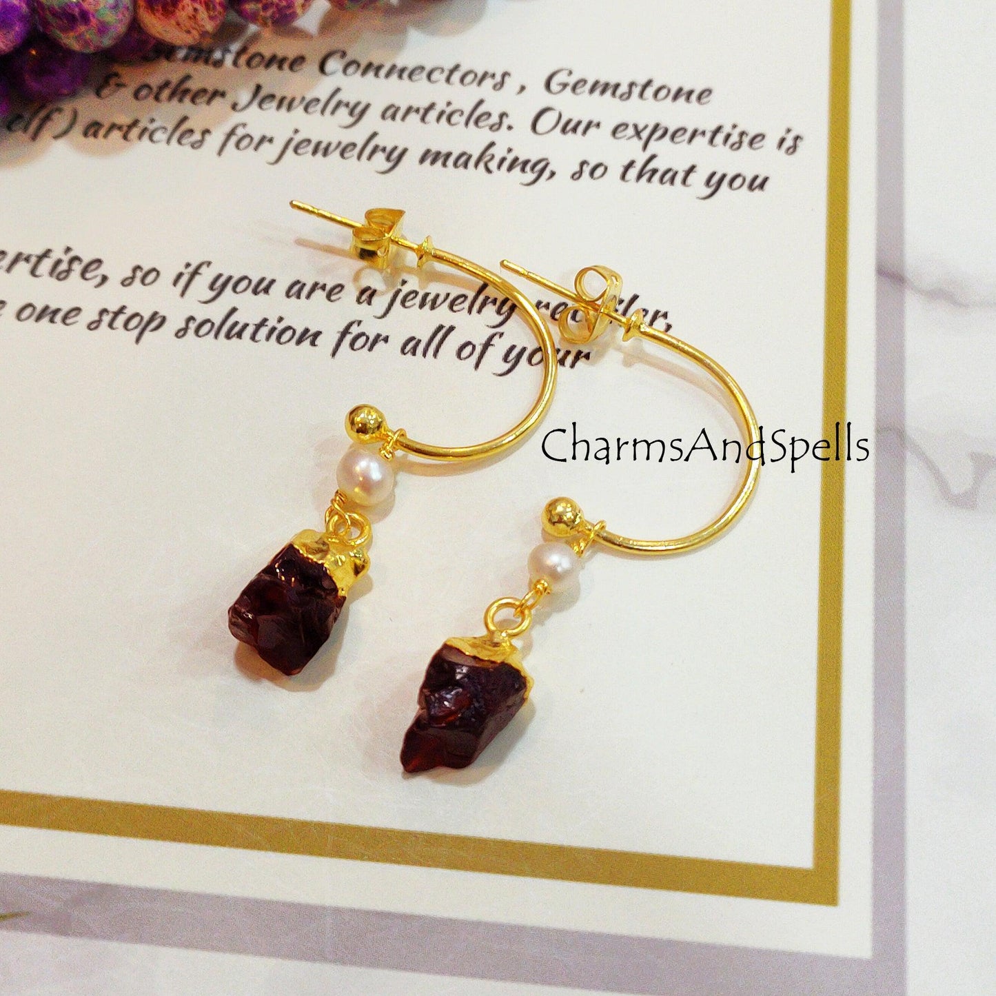 Raw Garnet Earrings, Electroplated Earrings, January Birthstone Earrings, Gold Plated Earrings, Raw Gemstone Earrings - Charms And Spells