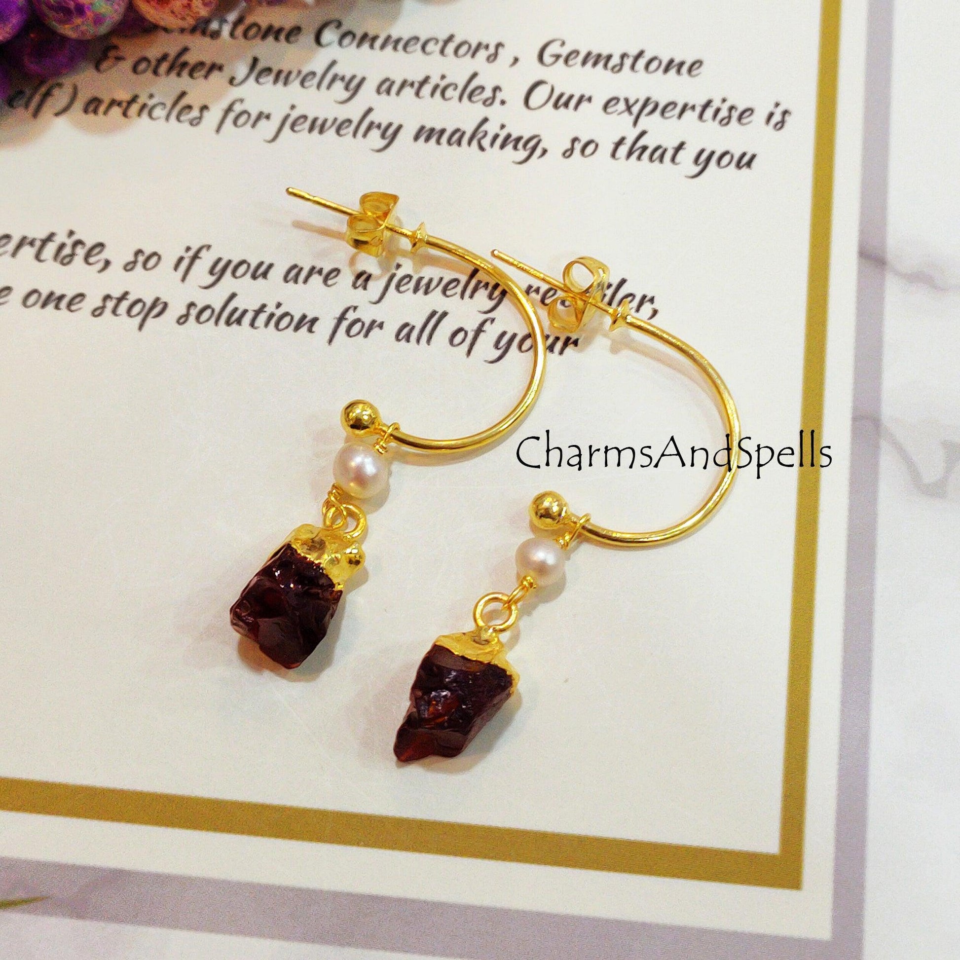 Raw Garnet Earrings, Electroplated Earrings, January Birthstone Earrings, Gold Plated Earrings, Raw Gemstone Earrings - Charms And Spells