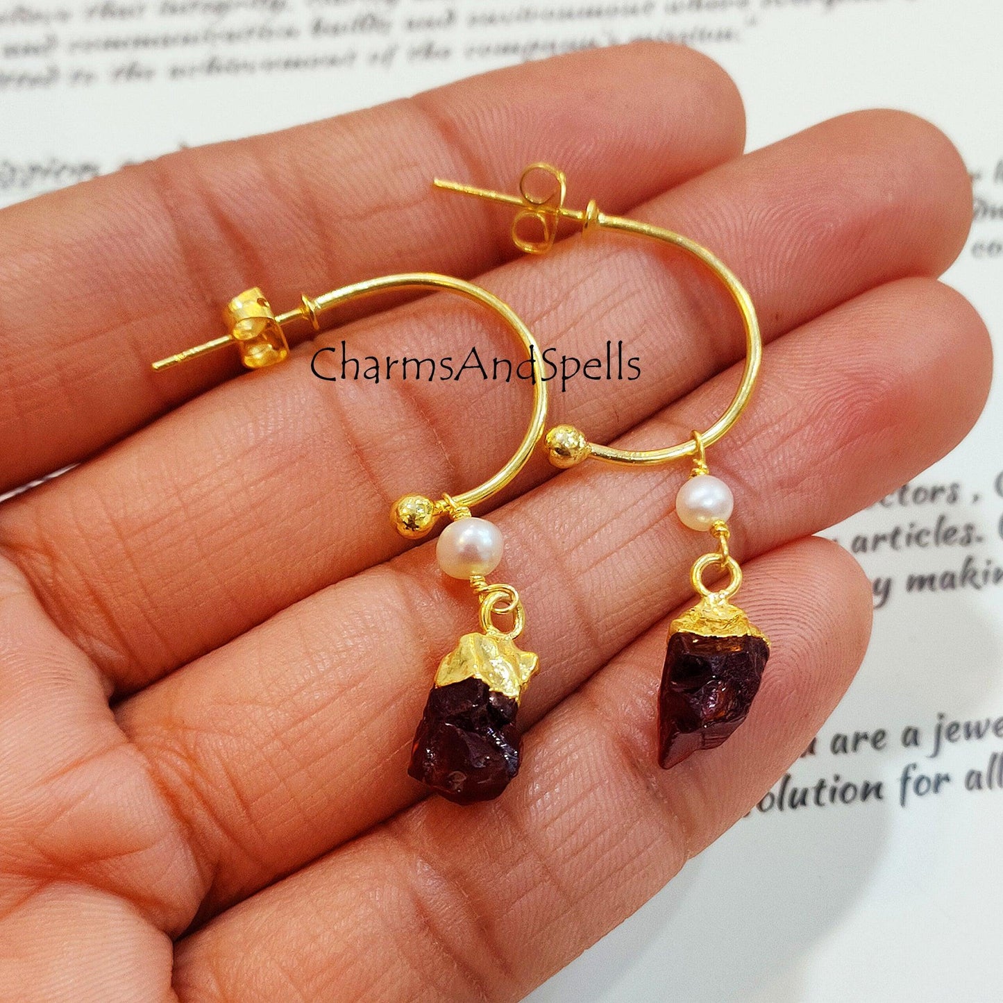 Raw Garnet Earrings, Electroplated Earrings, January Birthstone Earrings, Gold Plated Earrings, Raw Gemstone Earrings - Charms And Spells