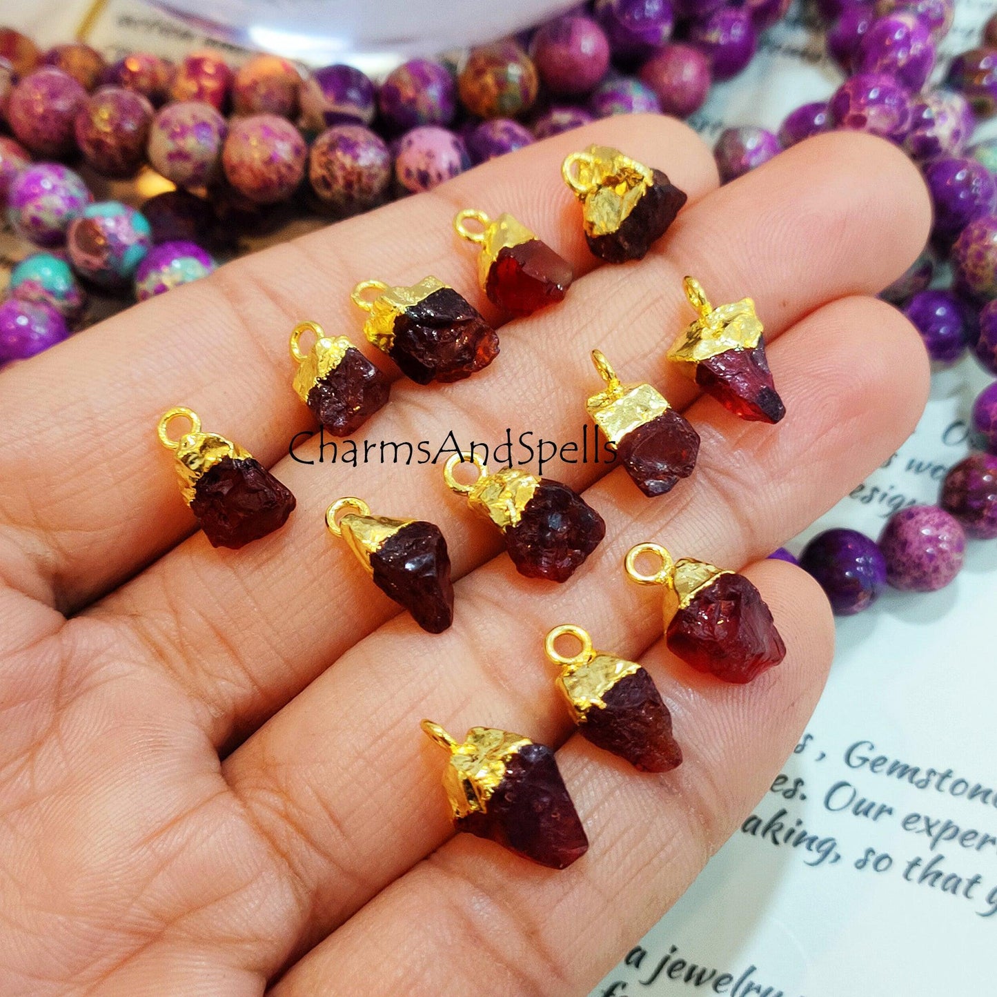 Natural Red Garnet Connectors, Gemstone Rough Connectors, Electroplated Single Bail Connectors, DIY Raw Garnet Making Jewelry - Charms And Spells