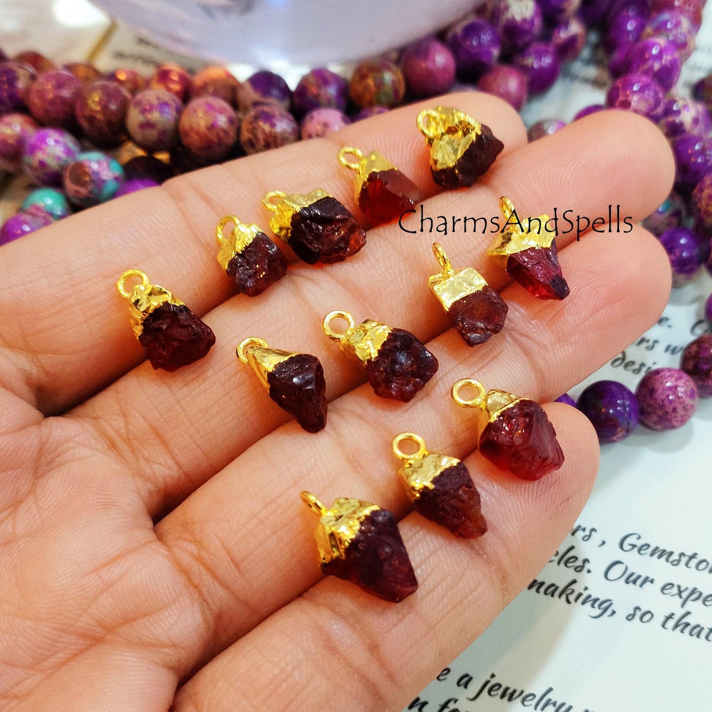 Natural Red Garnet Connectors, Gemstone Rough Connectors, Electroplated Single Bail Connectors, DIY Raw Garnet Making Jewelry - Charms And Spells