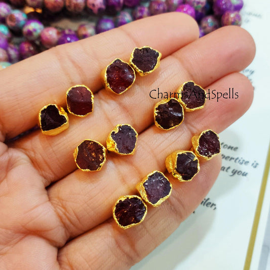 Rough Garnet Gold Electroplated Stud Earrings, Birthstone Jewelry, Rough Stone Jewelry, Gemstone Earrings, Dangle Earrings - Charms And Spells