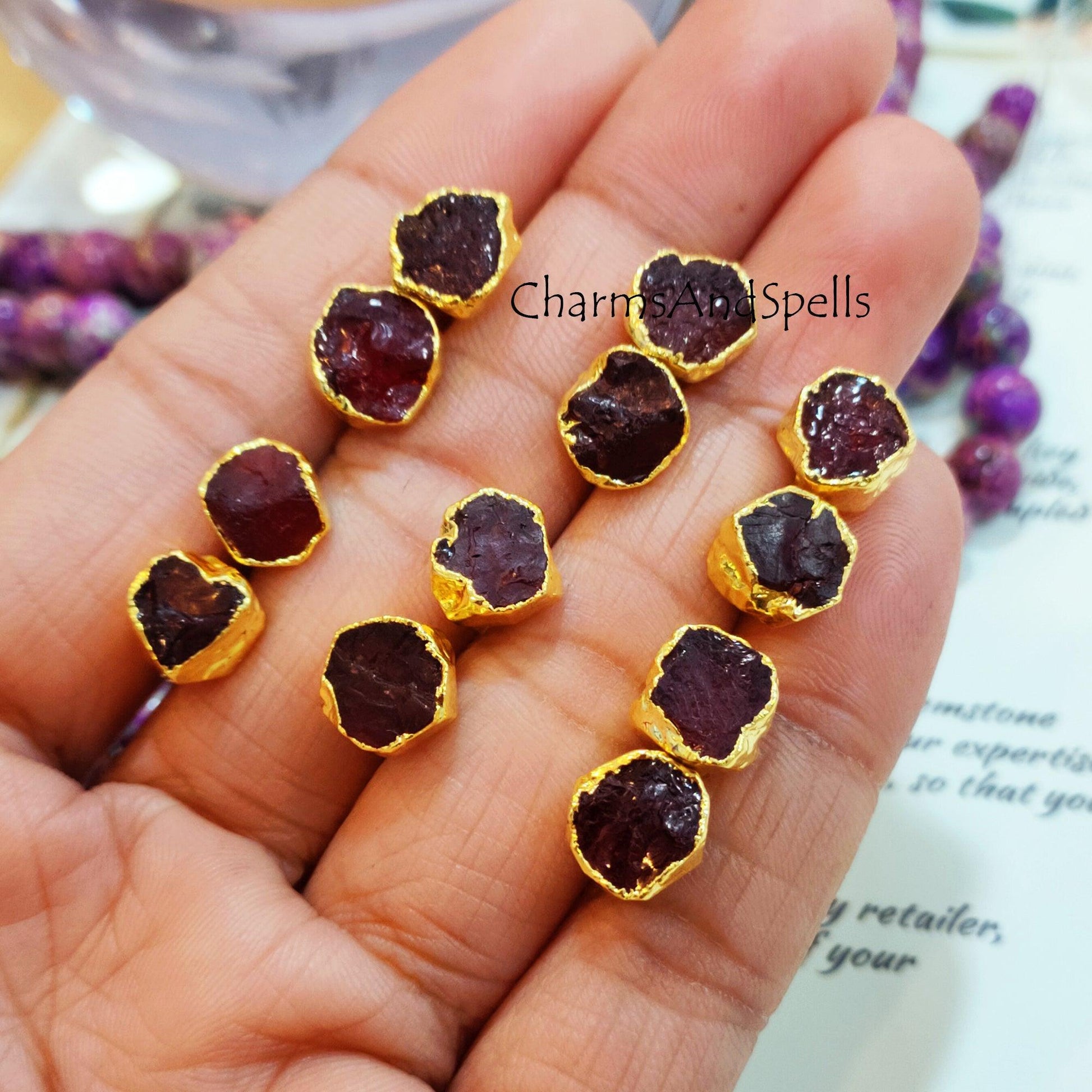 Rough Garnet Gold Electroplated Stud Earrings, Birthstone Jewelry, Rough Stone Jewelry, Gemstone Earrings, Dangle Earrings - Charms And Spells