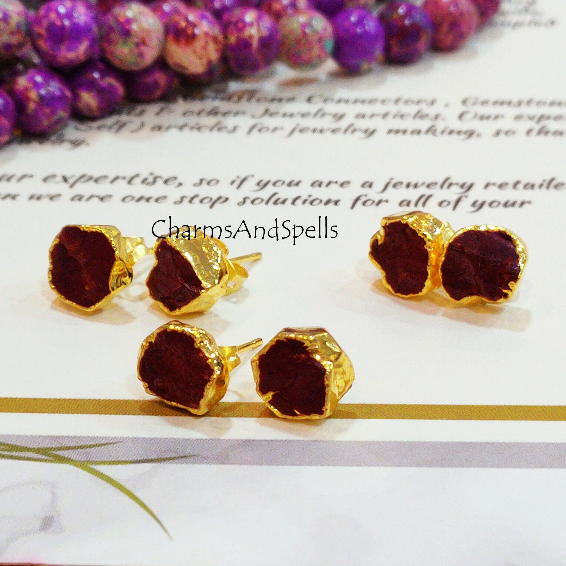 Rough Garnet Gold Electroplated Stud Earrings, Birthstone Jewelry, Rough Stone Jewelry, Gemstone Earrings, Dangle Earrings - Charms And Spells