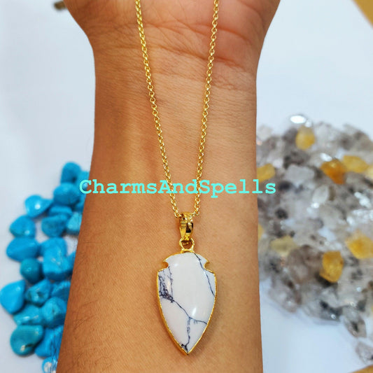 Howlite Arrowhead Pendant, Gold Electroplated Plated Necklace, Pendant Necklace, Women Pendant, Dainty Jewelry, Gemstone Necklace - Charms And Spells