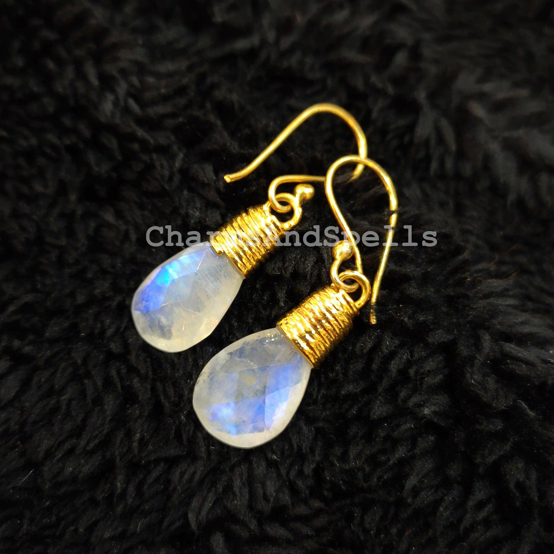 Rainbow Moonstone Earrings, 14K Gold Plated, Dangling Gemstone Earrings, Handmade Jewelry, Gift For Her, Dainty Earrings - Charms And Spells