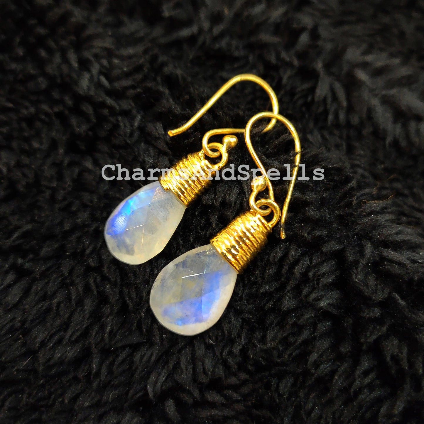 Rainbow Moonstone Earrings, 14K Gold Plated, Dangling Gemstone Earrings, Handmade Jewelry, Gift For Her, Dainty Earrings - Charms And Spells