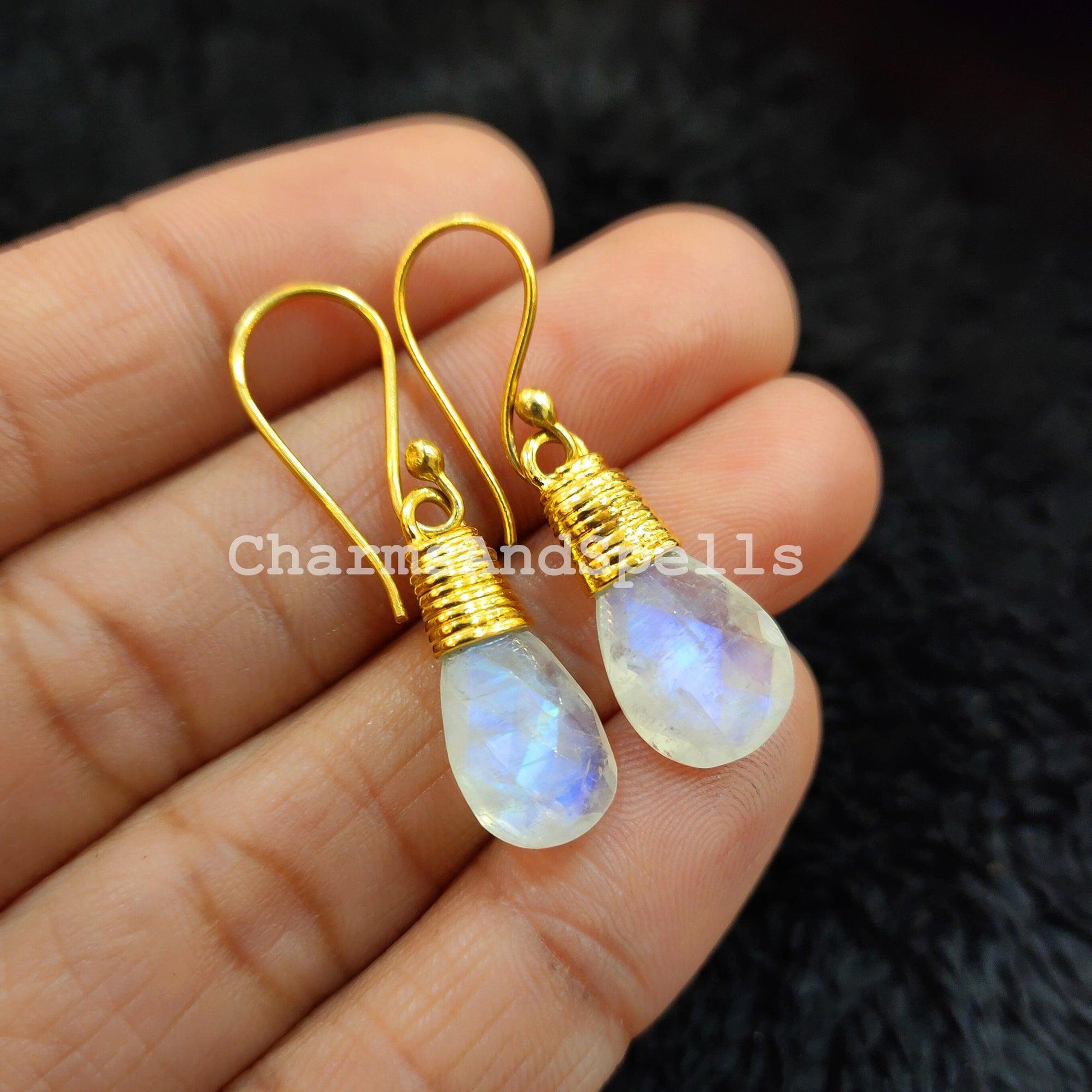 Rainbow Moonstone Earrings, 14K Gold Plated, Dangling Gemstone Earrings, Handmade Jewelry, Gift For Her, Dainty Earrings - Charms And Spells