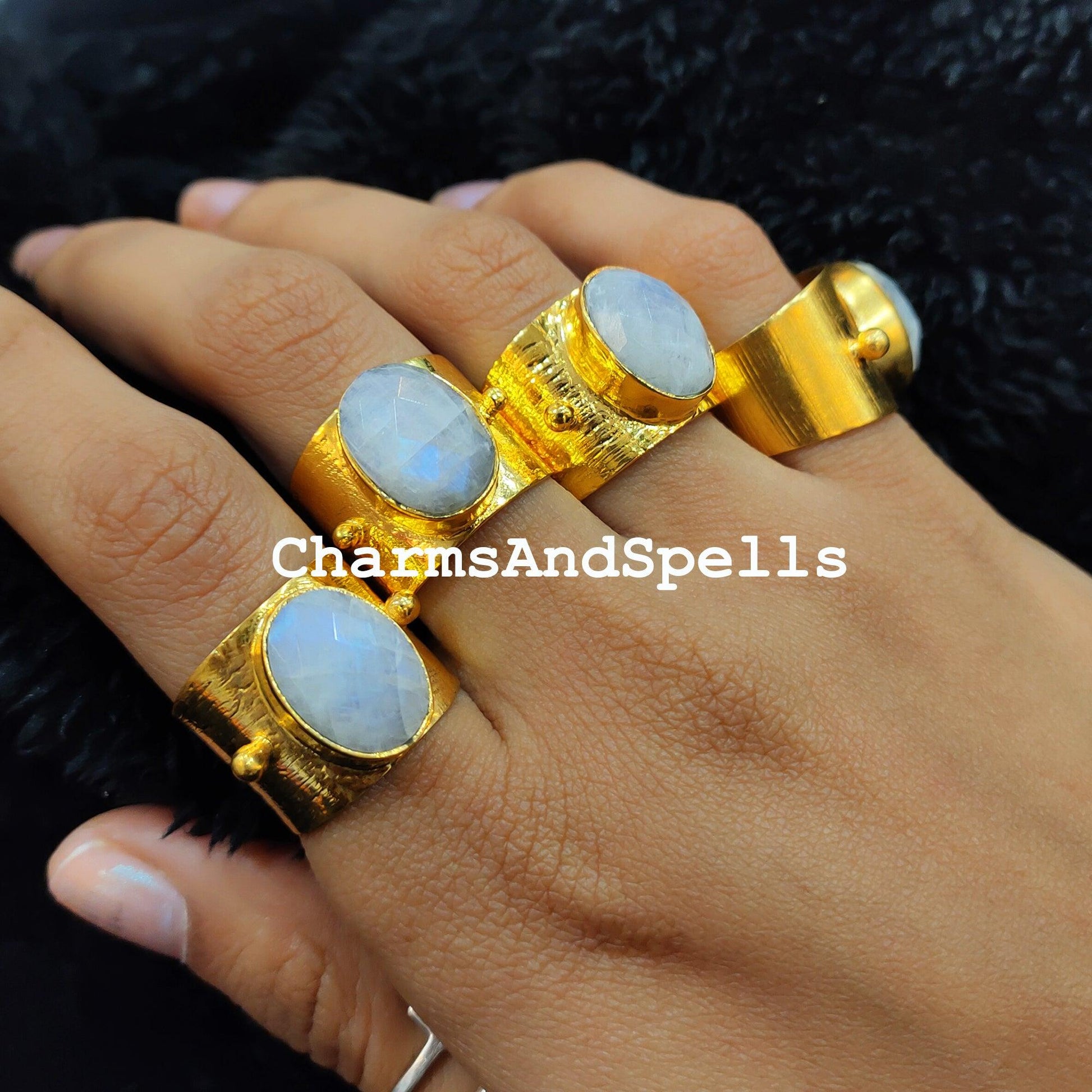 Rainbow Moonstone Ring, Moonstone Ring, Gold Plated Natural Rainbow Moonstone Handmade Ring, Ethnic Ring, Moonstone Cuff Ring - Charms And Spells