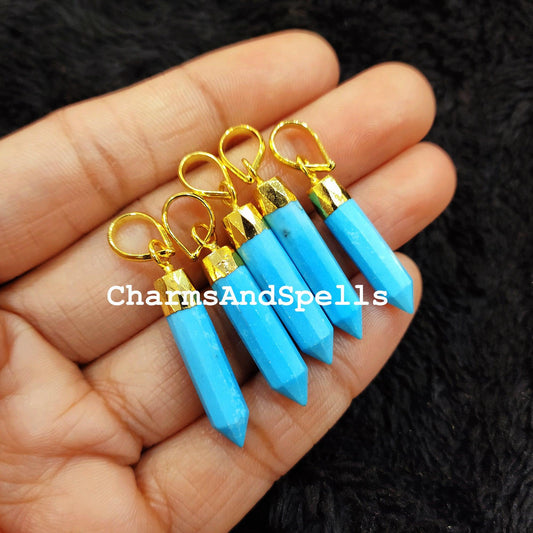 Elegant Blue Turquoise Pencil Pendant, Single Point Pencil Shape Pendant, Gold Electroplated Pendant, Dainty Women Pendant - Charms And Spells