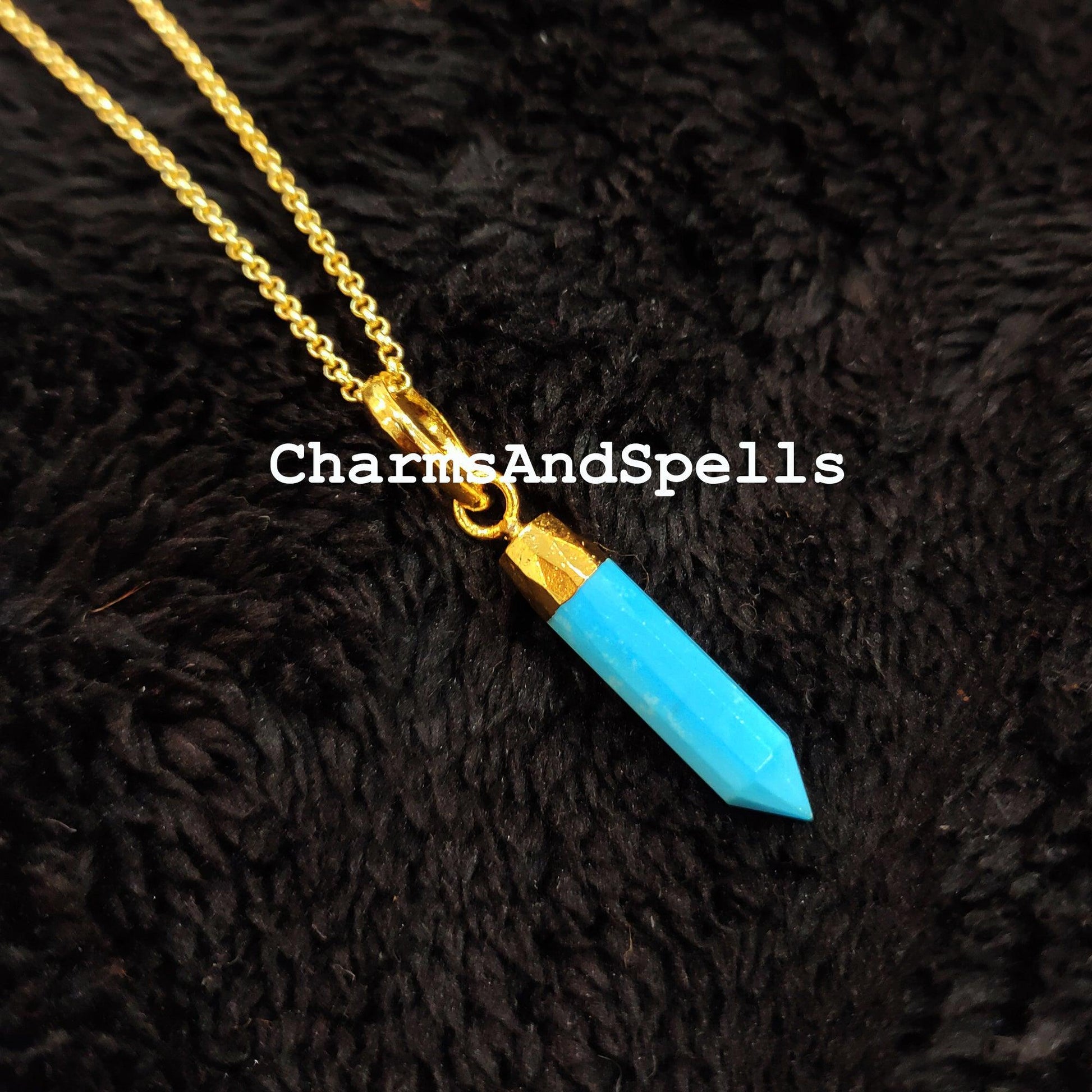 Elegant Blue Turquoise Pencil Pendant, Single Point Pencil Shape Pendant, Gold Electroplated Pendant, Dainty Women Pendant - Charms And Spells