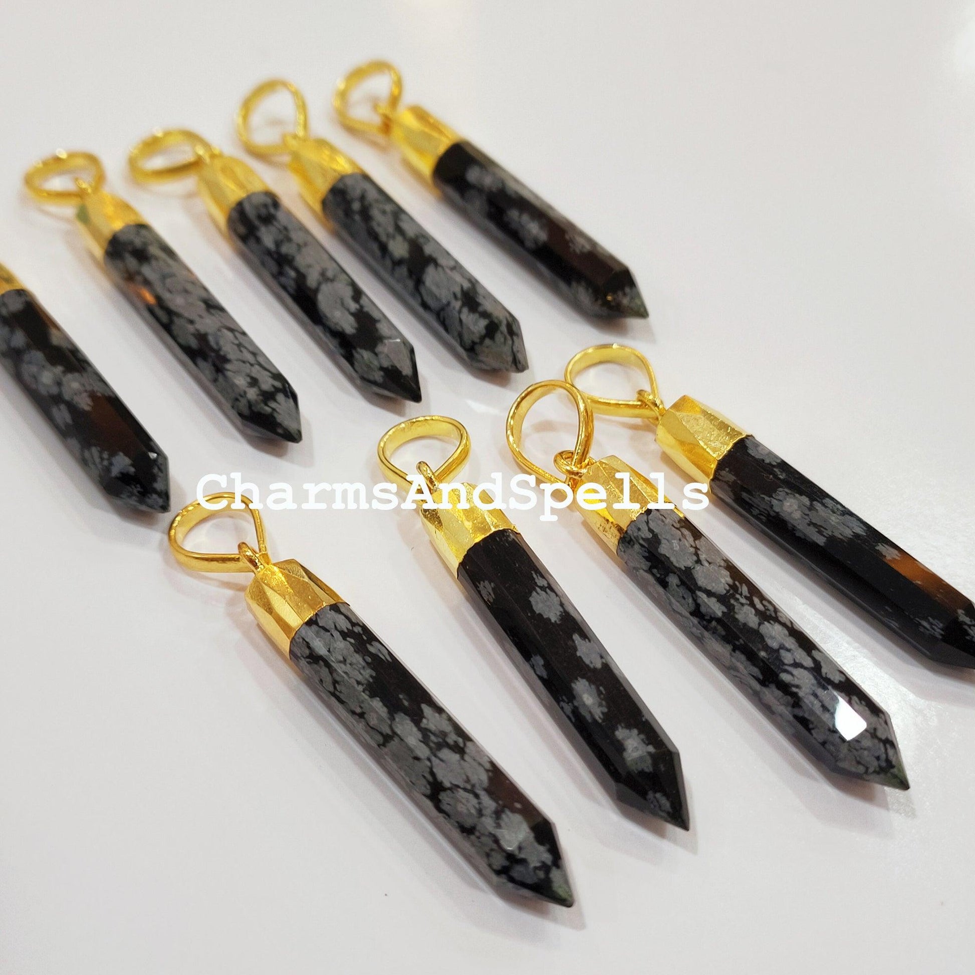 Exclusive Snowflake Obsidian Pencil Pendant, Gemstone Gold Electroplated Pencil, Statement Pendant, Gold Plated Pendant - Charms And Spells