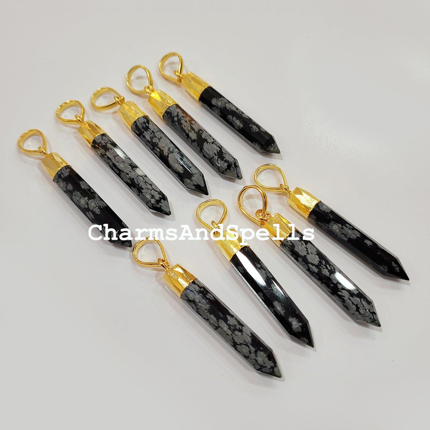 Exclusive Snowflake Obsidian Pencil Pendant, Gemstone Gold Electroplated Pencil, Statement Pendant, Gold Plated Pendant - Charms And Spells