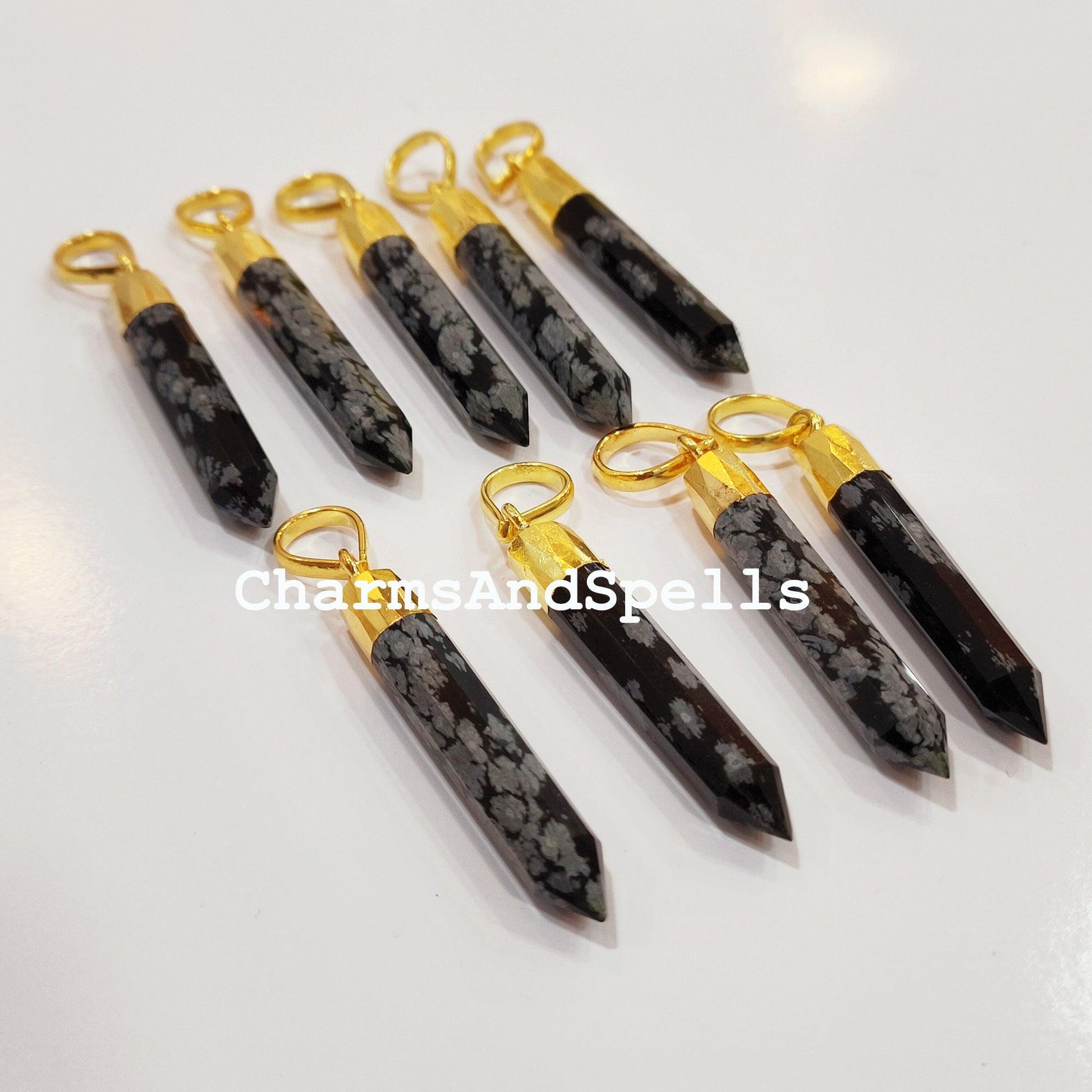 Exclusive Snowflake Obsidian Pencil Pendant, Gemstone Gold Electroplated Pencil, Statement Pendant, Gold Plated Pendant - Charms And Spells