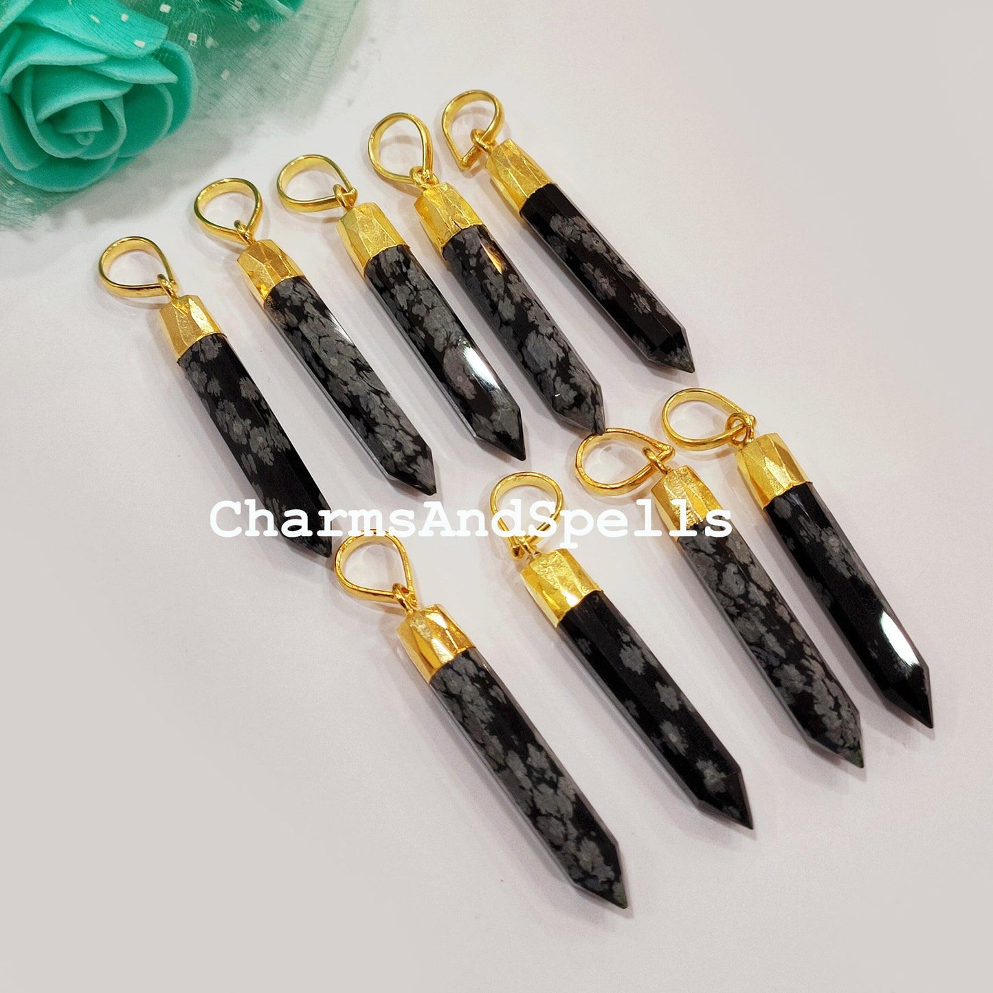 Exclusive Snowflake Obsidian Pencil Pendant, Gemstone Gold Electroplated Pencil, Statement Pendant, Gold Plated Pendant - Charms And Spells