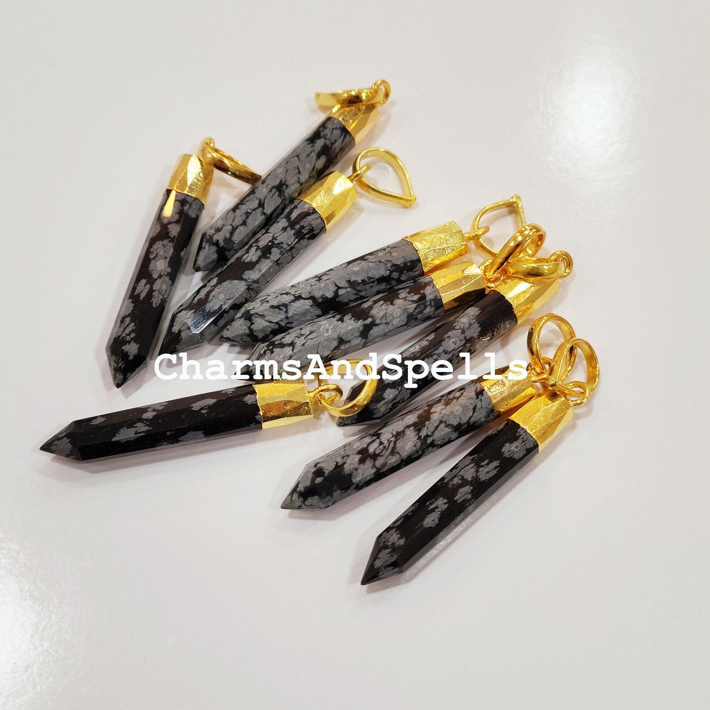 Exclusive Snowflake Obsidian Pencil Pendant, Gemstone Gold Electroplated Pencil, Statement Pendant, Gold Plated Pendant - Charms And Spells