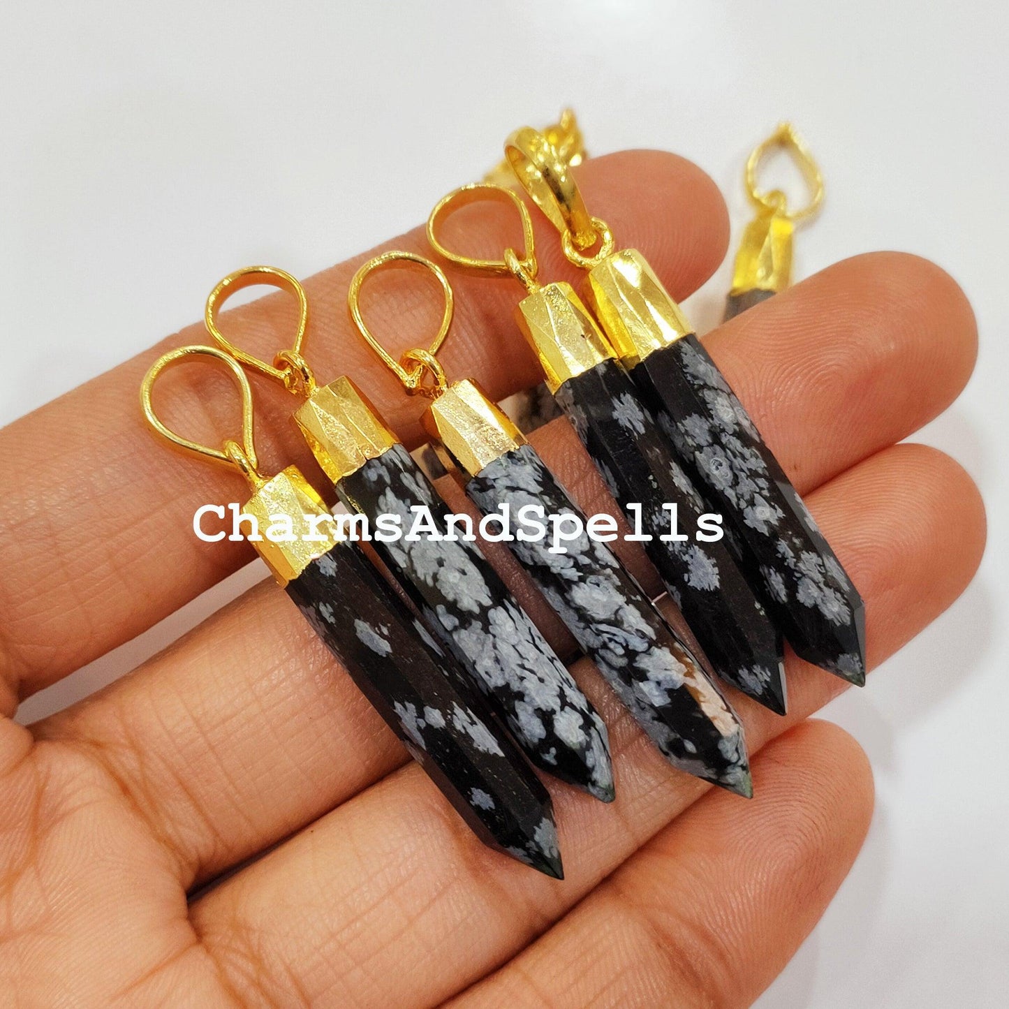 Exclusive Snowflake Obsidian Pencil Pendant, Gemstone Gold Electroplated Pencil, Statement Pendant, Gold Plated Pendant - Charms And Spells