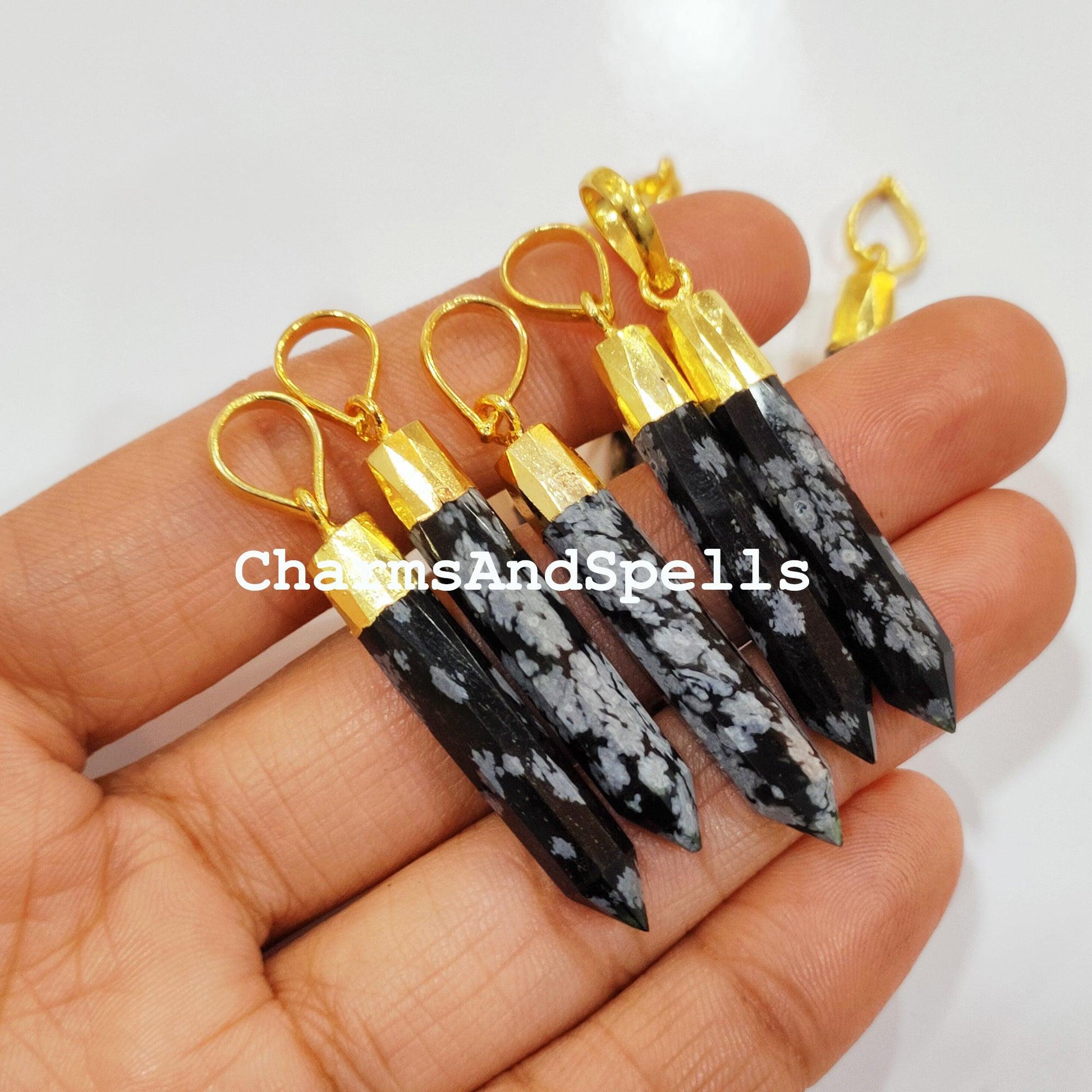 Exclusive Snowflake Obsidian Pencil Pendant, Gemstone Gold Electroplated Pencil, Statement Pendant, Gold Plated Pendant - Charms And Spells