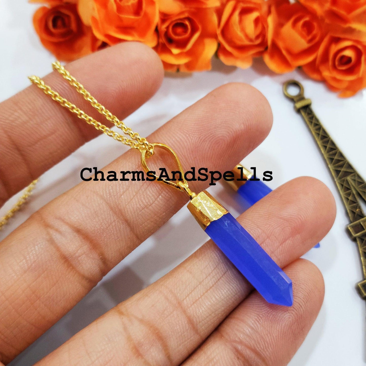 Chalcedony Pencil Pendant, Gold Electroplated Pencil, Healing Pendant, Women Pendant, Antique Pendant, Dainty Handmade Pendant - Charms And Spells