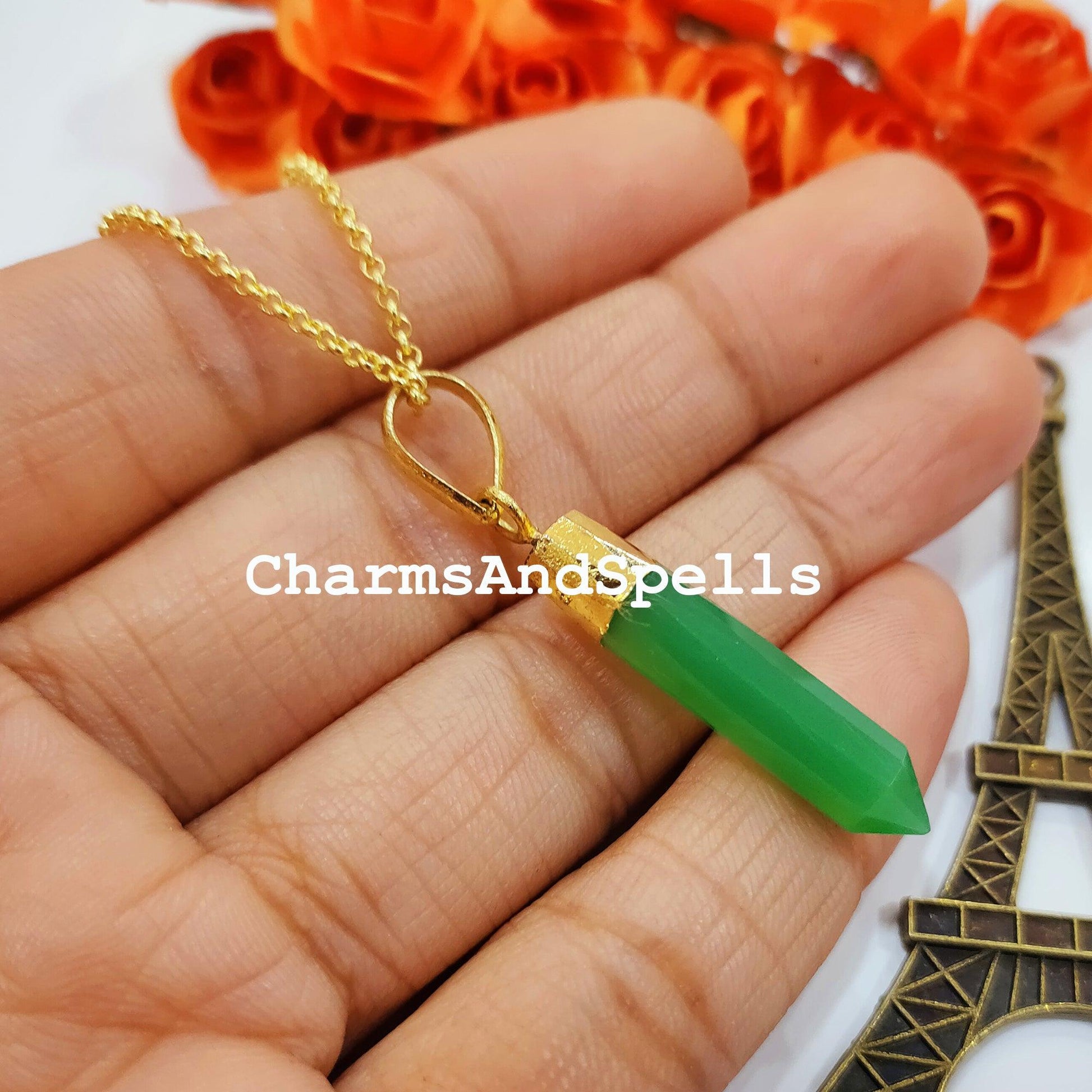 Green Onyx Pencil Pendant, Statement Pendant, Dainty Electroplated Pencil Pendant, Gold Plated Pendant, Antique Women Pendant - Charms And Spells