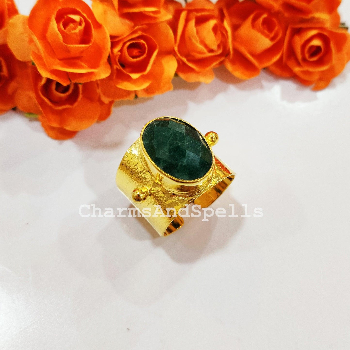 Emerald Ring, Gold Plated Emerald Ring, Wide Band Ring, Adjustable Ring, Women Ring, Statement Ring, Gift For Her, Unisex Ring - Charms And Spells