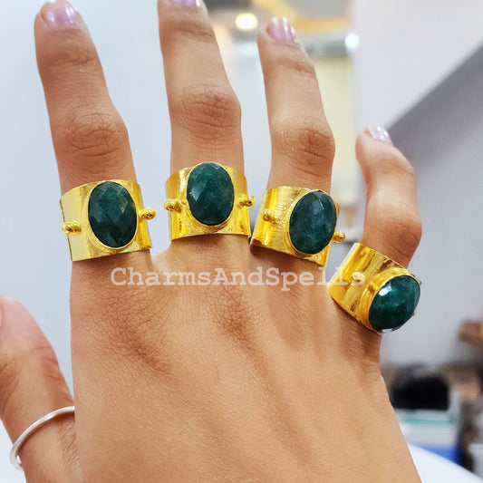 Emerald Ring, Gold Plated Emerald Ring, Wide Band Ring, Adjustable Ring, Women Ring, Statement Ring, Gift For Her, Unisex Ring - Charms And Spells