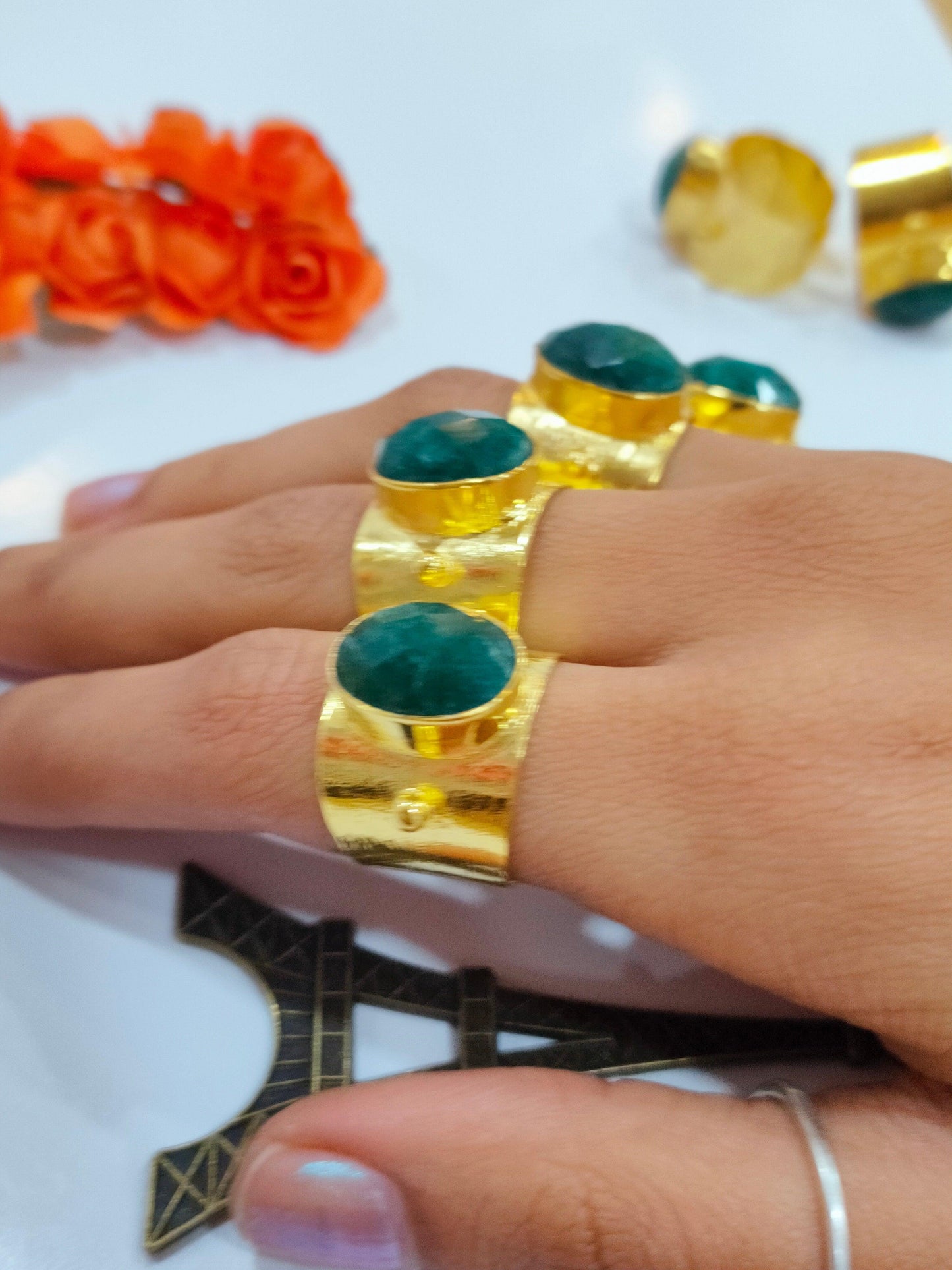 Emerald Ring, Gold Plated Emerald Ring, Wide Band Ring, Adjustable Ring, Women Ring, Statement Ring, Gift For Her, Unisex Ring - Charms And Spells