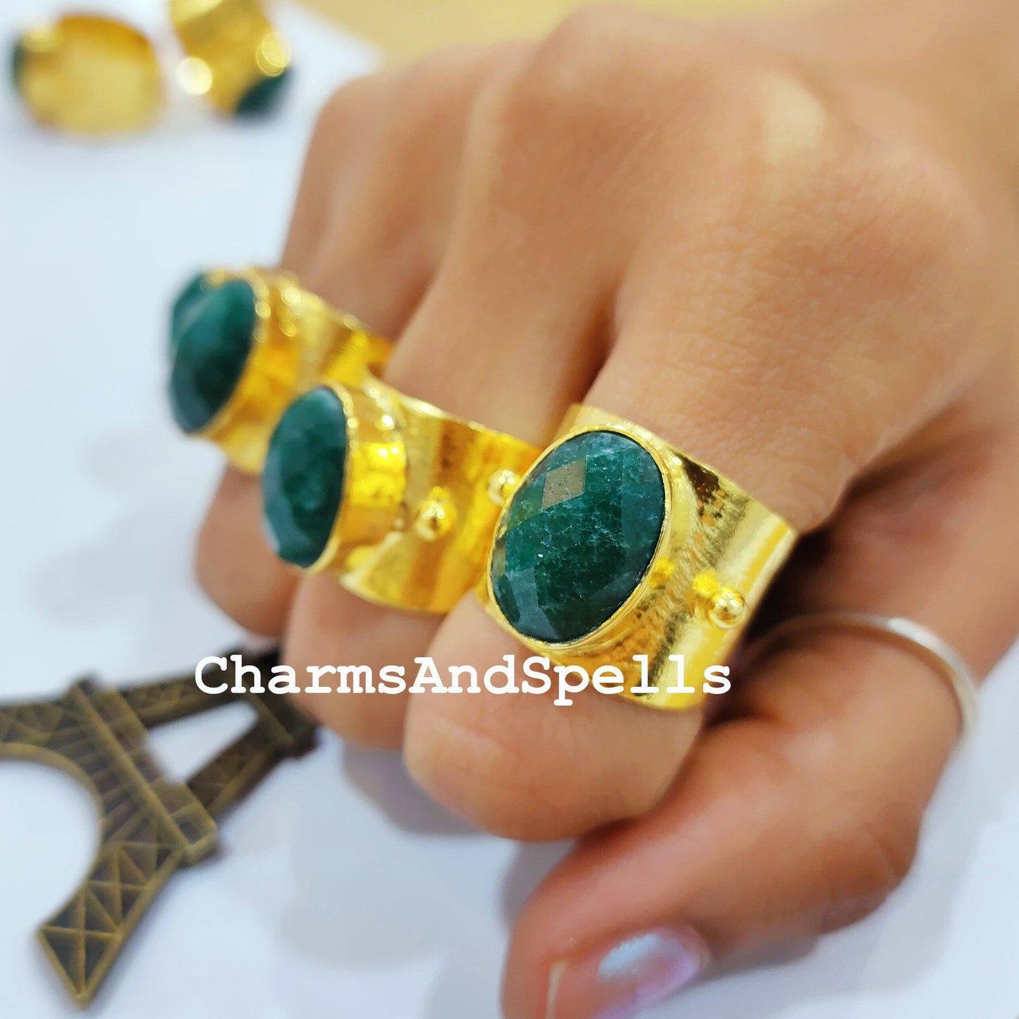 Emerald Ring, Gold Plated Emerald Ring, Wide Band Ring, Adjustable Ring, Women Ring, Statement Ring, Gift For Her, Unisex Ring - Charms And Spells