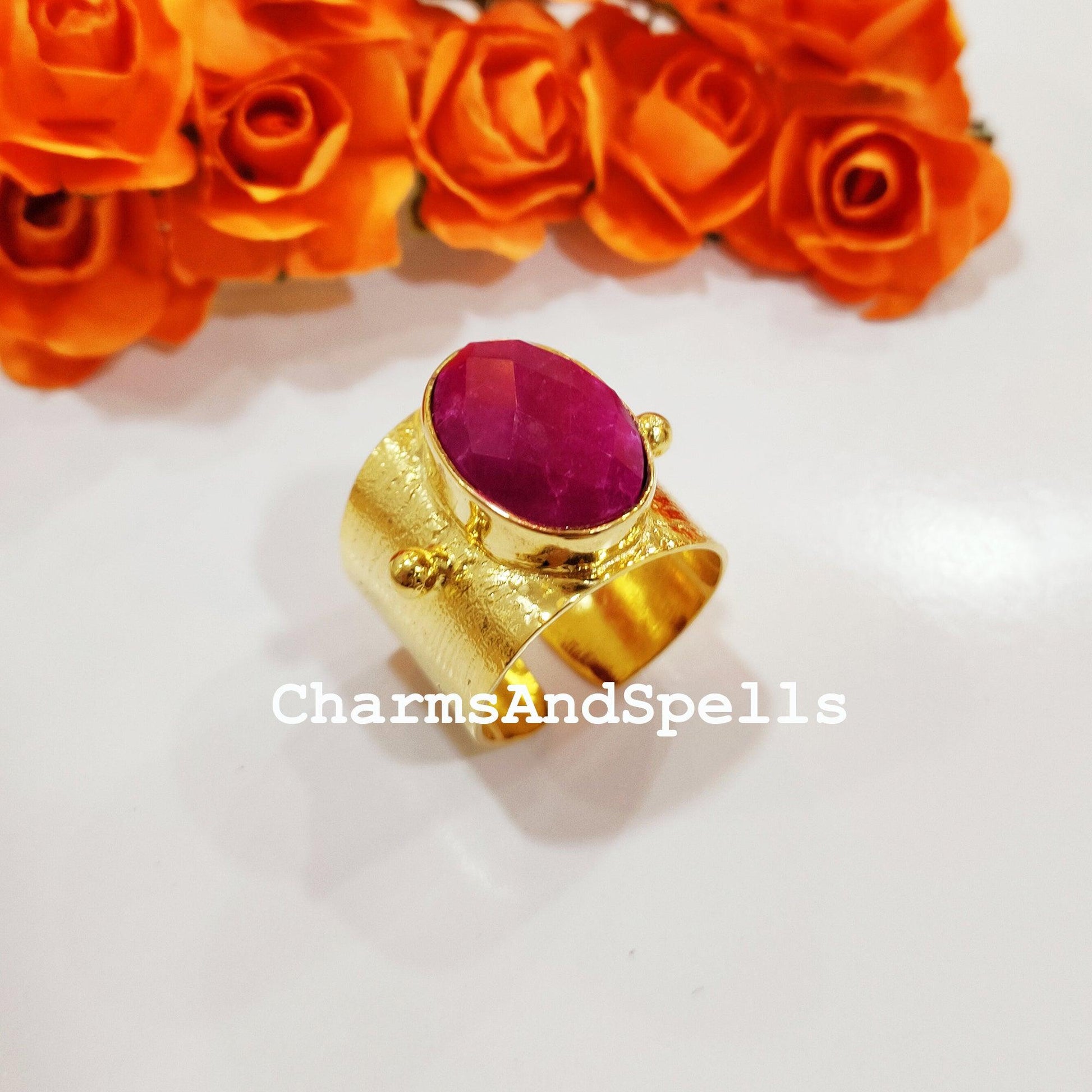 Ruby Ring, Oval Ruby Ring, Gold Plated Ring, Ethnic Ring, Engagement Ring, Statement Ring, Women Ring, Anniversary Gift - Charms And Spells