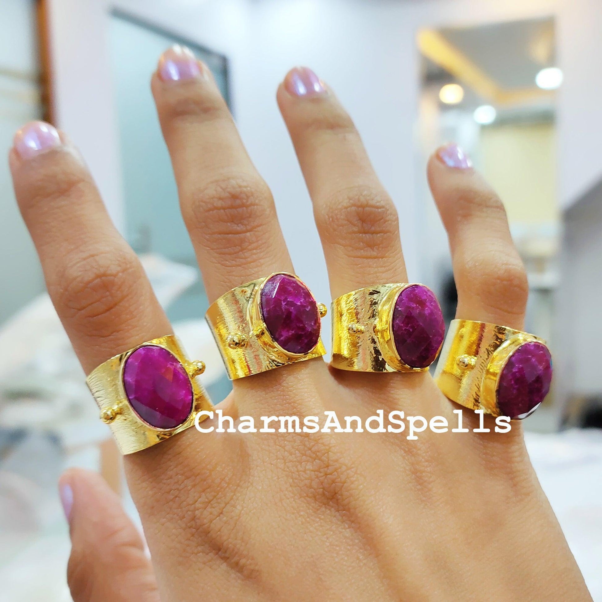 Ruby Ring, Oval Ruby Ring, Gold Plated Ring, Ethnic Ring, Engagement Ring, Statement Ring, Women Ring, Anniversary Gift - Charms And Spells