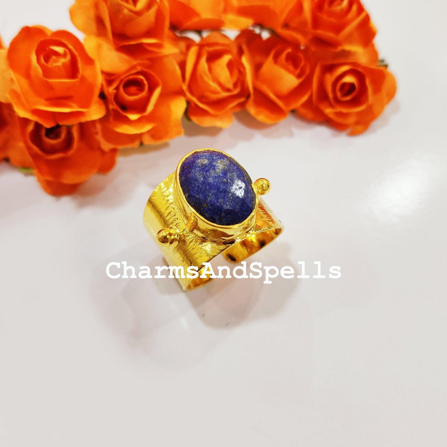 Natural Lapis Lazuli Ring, Lapis Lazuli Gold Plated Ring, Blue Lapis Ring, Statement Ring, Lapis Lazuli Ethnic Ring, Boho Ring - Charms And Spells