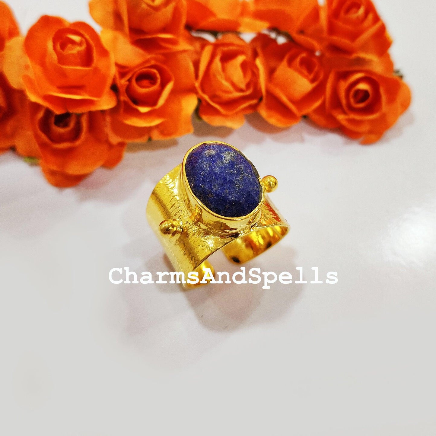 Natural Lapis Lazuli Ring, Lapis Lazuli Gold Plated Ring, Blue Lapis Ring, Statement Ring, Lapis Lazuli Ethnic Ring, Boho Ring - Charms And Spells