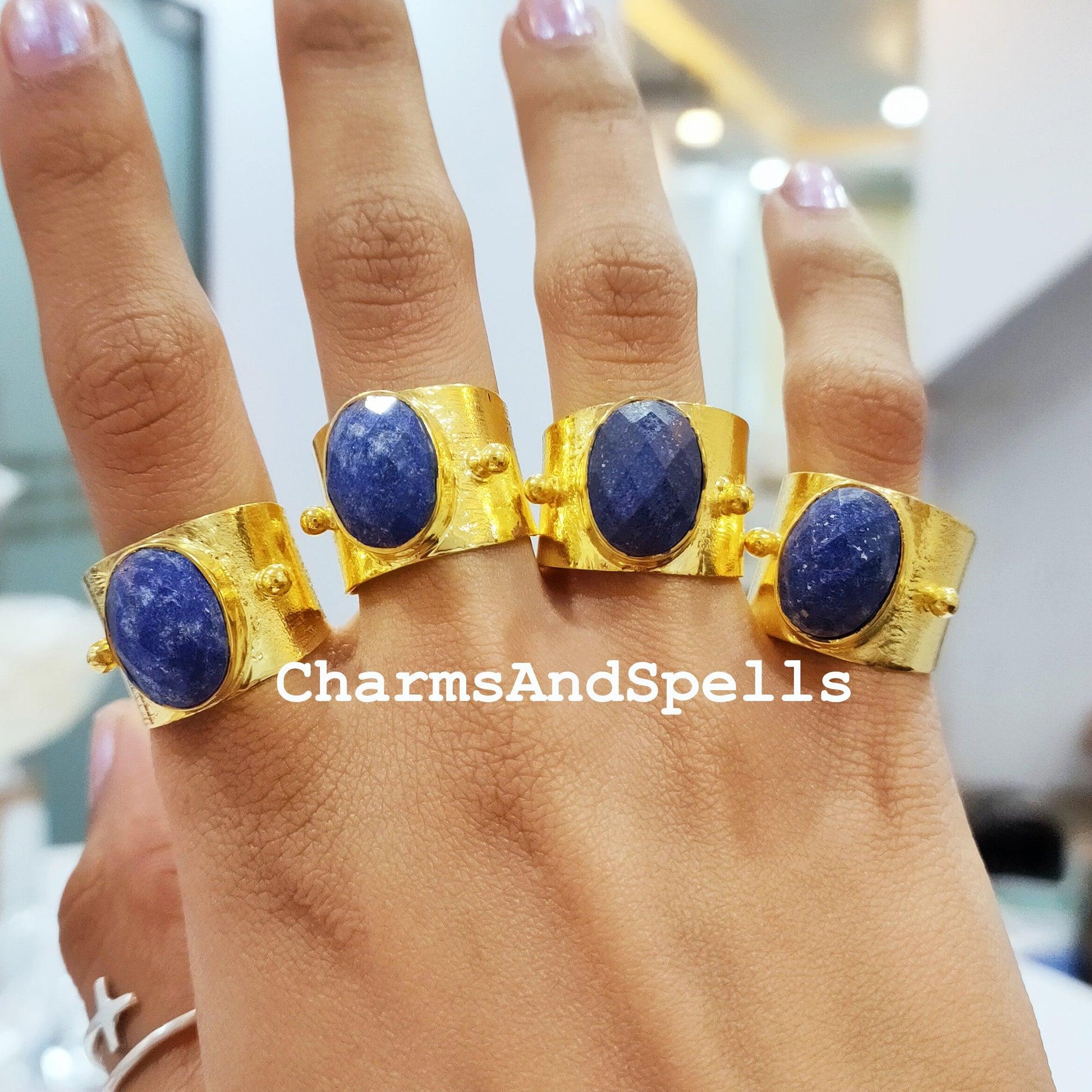 Natural Lapis Lazuli Ring, Lapis Lazuli Gold Plated Ring, Blue Lapis Ring, Statement Ring, Lapis Lazuli Ethnic Ring, Boho Ring - Charms And Spells