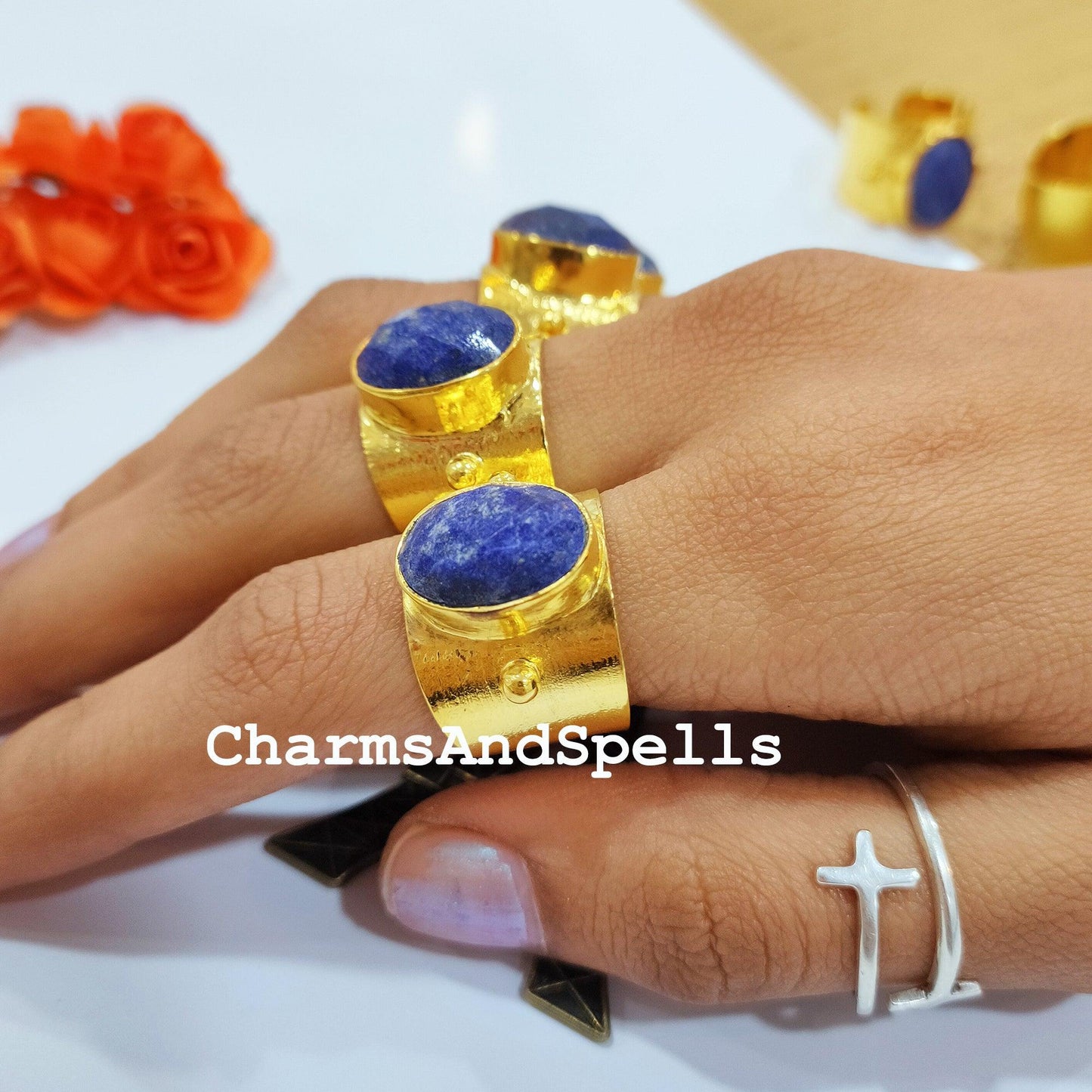 Natural Lapis Lazuli Ring, Lapis Lazuli Gold Plated Ring, Blue Lapis Ring, Statement Ring, Lapis Lazuli Ethnic Ring, Boho Ring - Charms And Spells