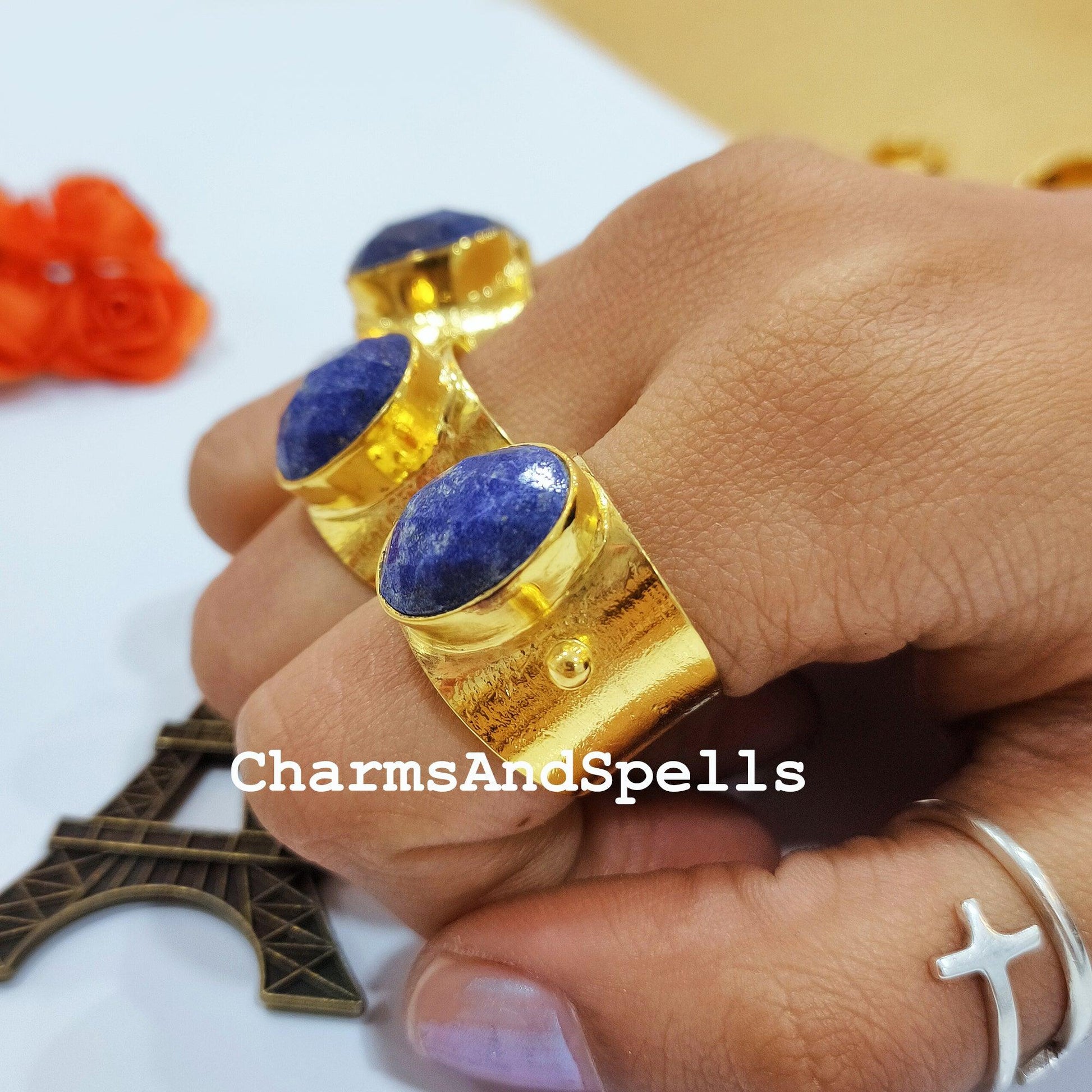 Natural Lapis Lazuli Ring, Lapis Lazuli Gold Plated Ring, Blue Lapis Ring, Statement Ring, Lapis Lazuli Ethnic Ring, Boho Ring - Charms And Spells