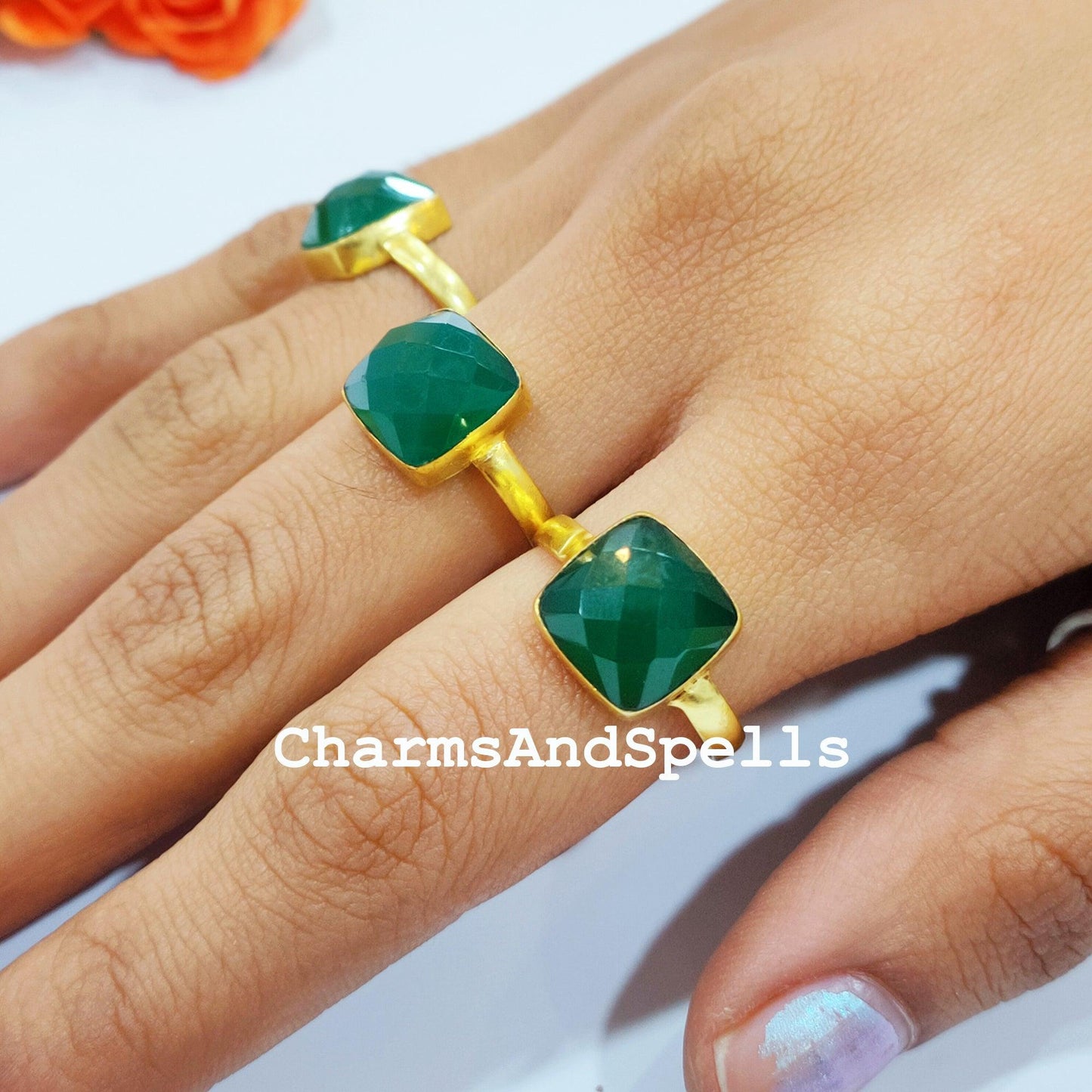 Green Onyx Ring, Handmade Gemstone Ring, Green Gemstone Ring, 14K Gold Plated, Women Ring, Statement Ring, Simple Ring, - Charms And Spells