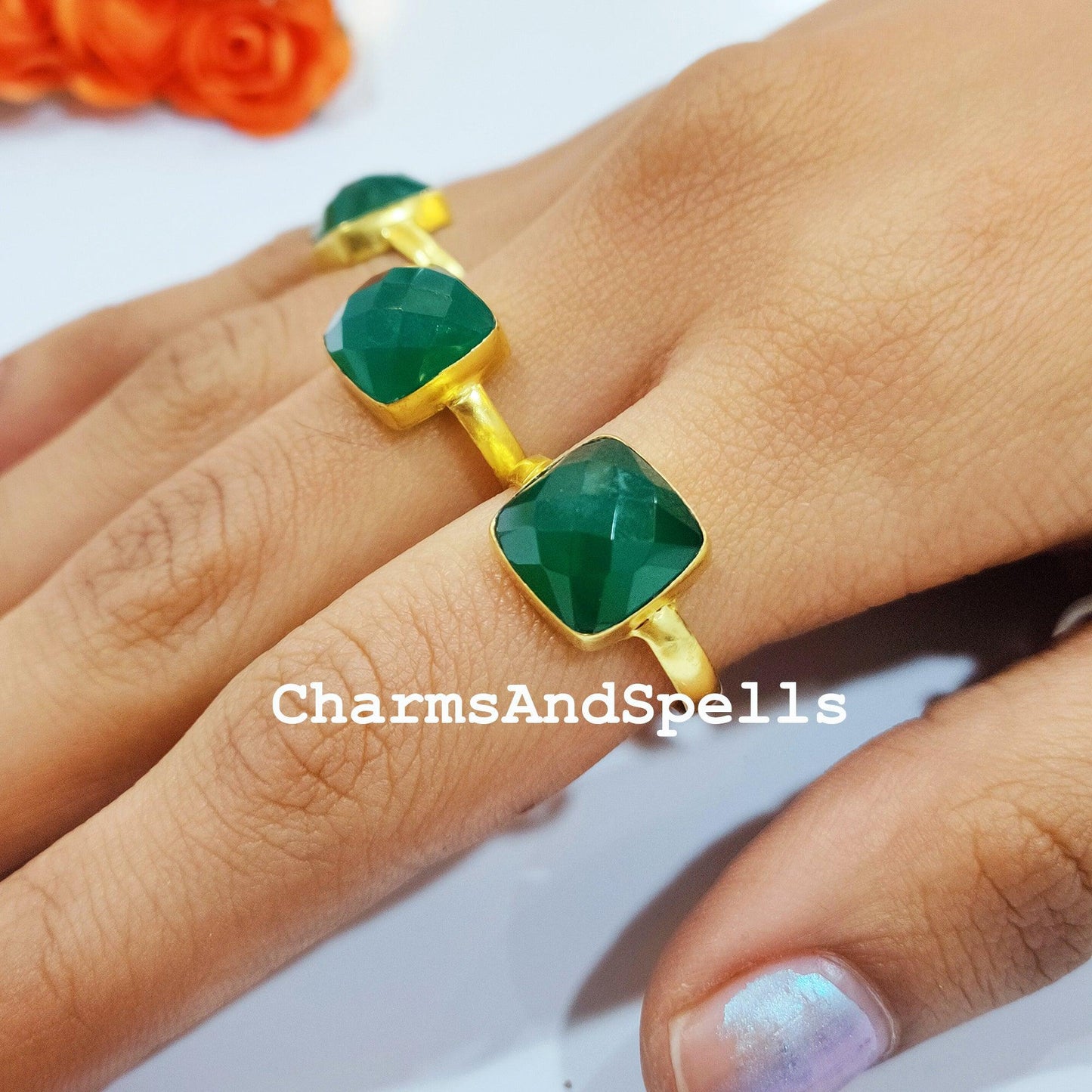 Green Onyx Ring, Handmade Gemstone Ring, Green Gemstone Ring, 14K Gold Plated, Women Ring, Statement Ring, Simple Ring, - Charms And Spells