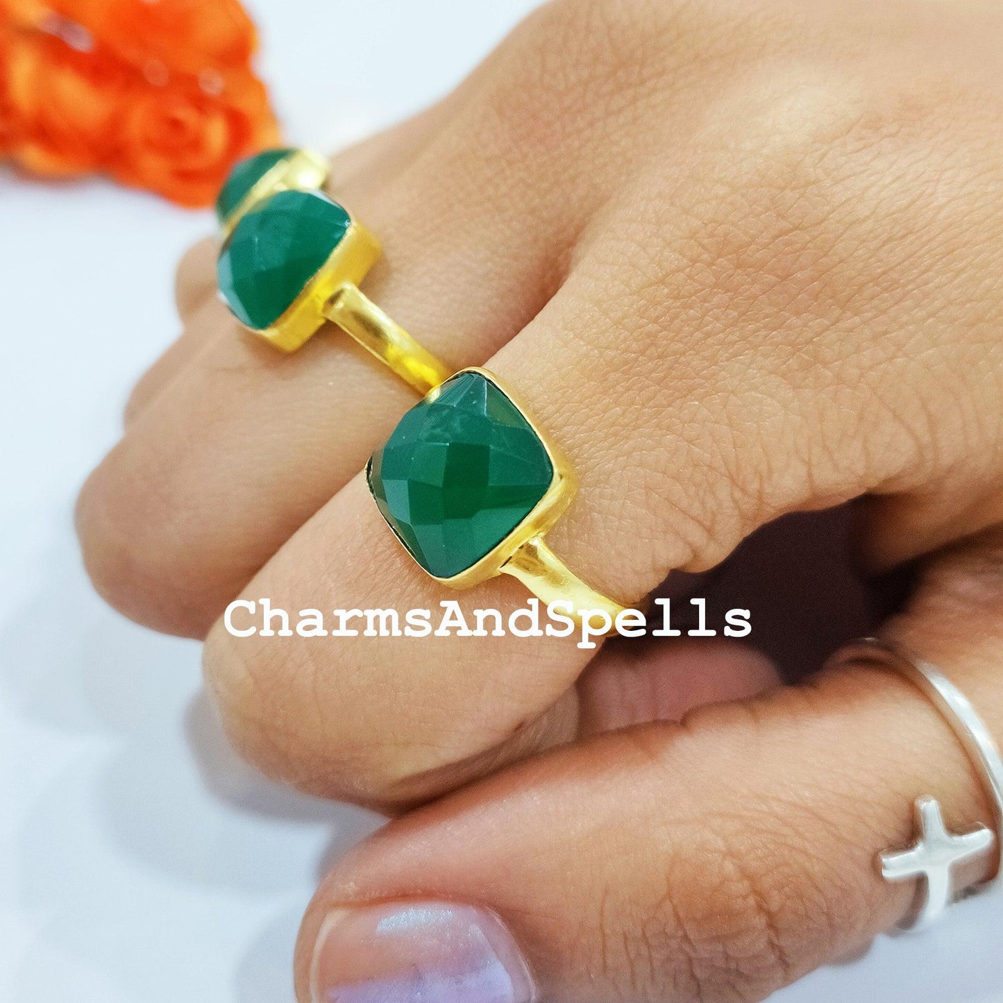 Green Onyx Ring, Handmade Gemstone Ring, Green Gemstone Ring, 14K Gold Plated, Women Ring, Statement Ring, Simple Ring, - Charms And Spells