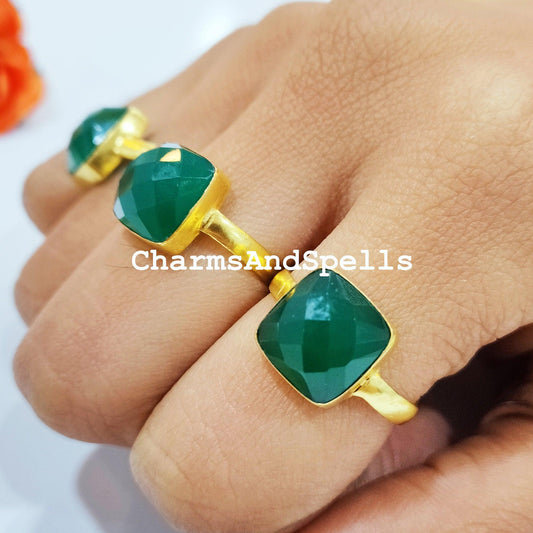 Green Onyx Ring, Handmade Gemstone Ring, Green Gemstone Ring, 14K Gold Plated, Women Ring, Statement Ring, Simple Ring, - Charms And Spells