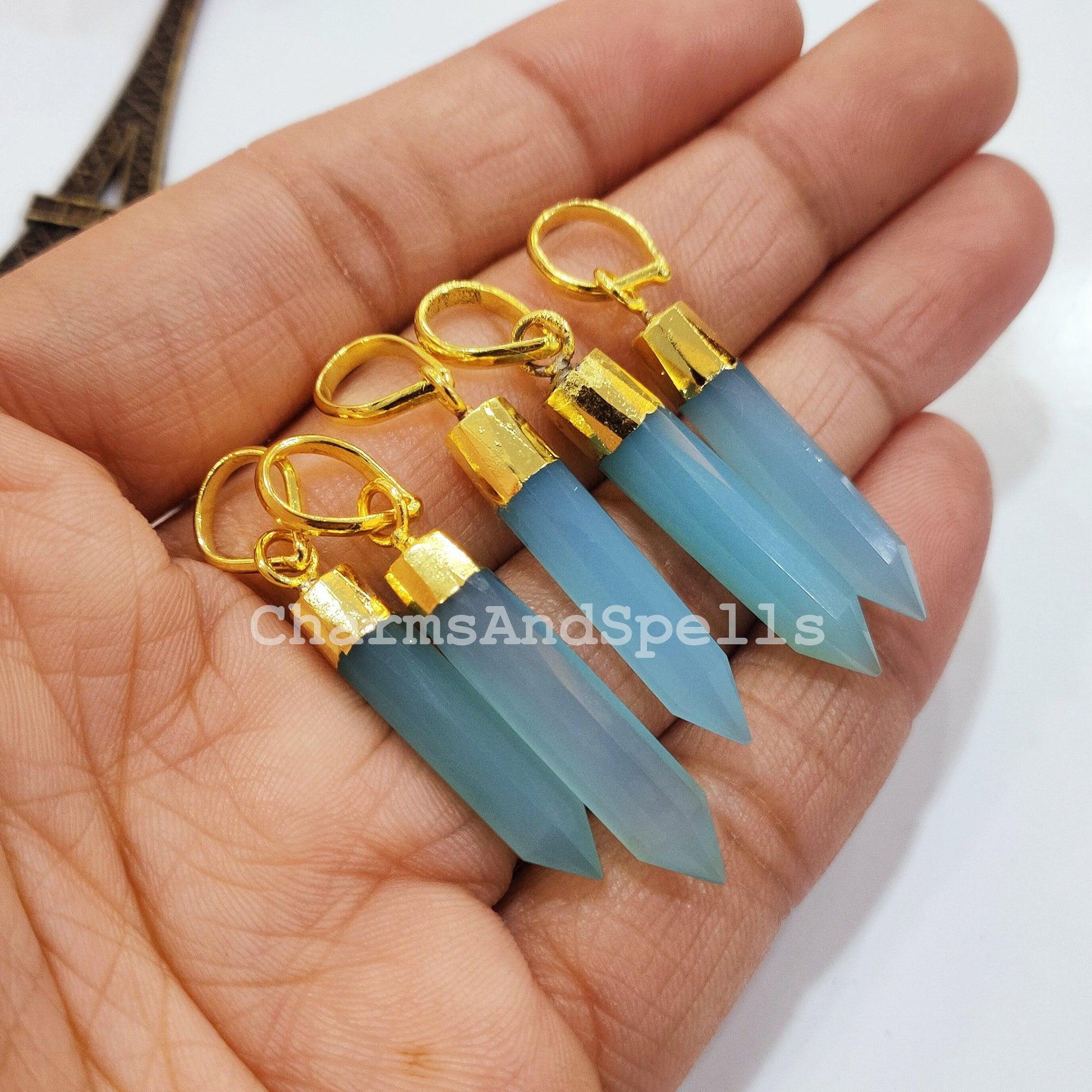 Chalcedony Pencil Pendant, Gold Electroplated Pencil, Statement Pendant, Women Pendant, Boho Gift For Women, Dainty Pendant - Charms And Spells