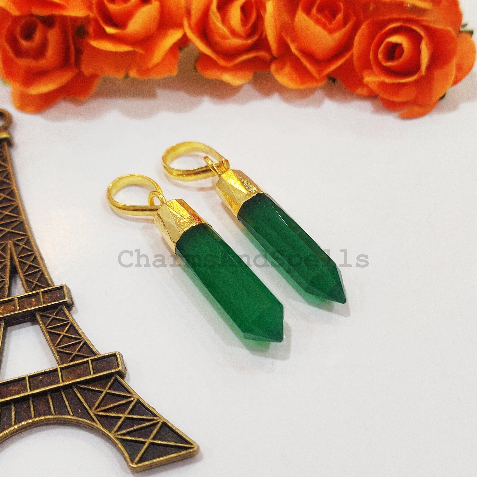 Dainty Green Onyx Pencil Pendant, Handmade Pendant, Electroplated Pencil Pendant, Gold Plated Pendant, Unique Women Pendant - Charms And Spells