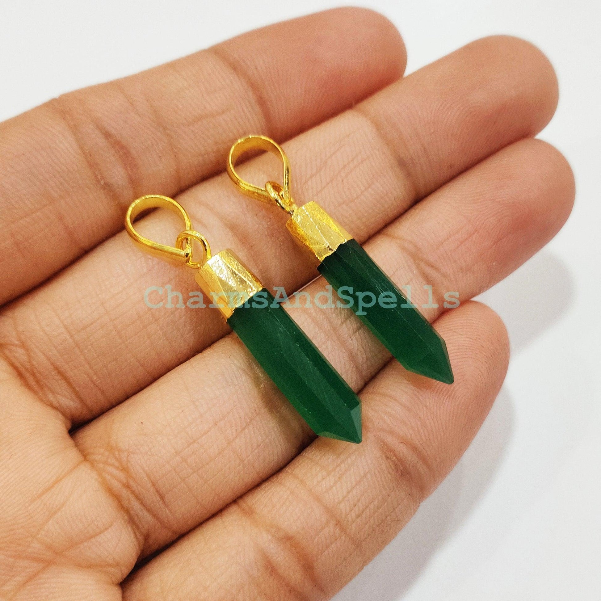 Dainty Green Onyx Pencil Pendant, Handmade Pendant, Electroplated Pencil Pendant, Gold Plated Pendant, Unique Women Pendant - Charms And Spells