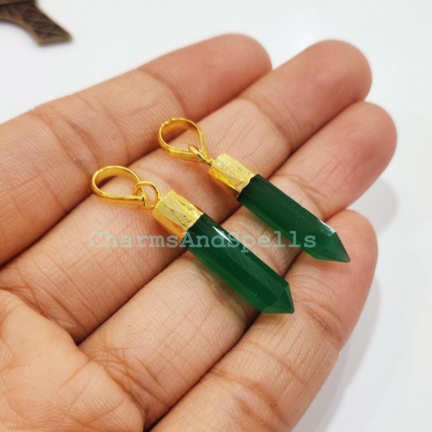 Dainty Green Onyx Pencil Pendant, Handmade Pendant, Electroplated Pencil Pendant, Gold Plated Pendant, Unique Women Pendant - Charms And Spells