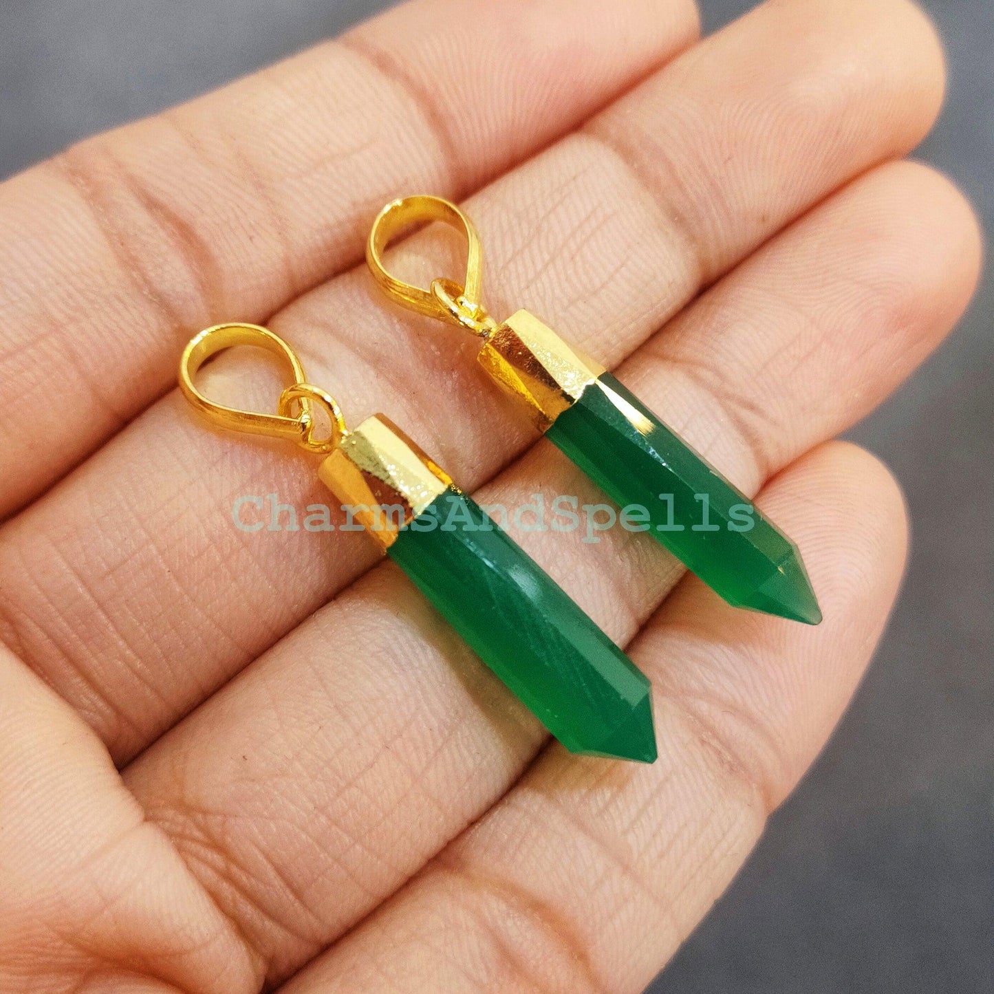 Dainty Green Onyx Pencil Pendant, Handmade Pendant, Electroplated Pencil Pendant, Gold Plated Pendant, Unique Women Pendant - Charms And Spells