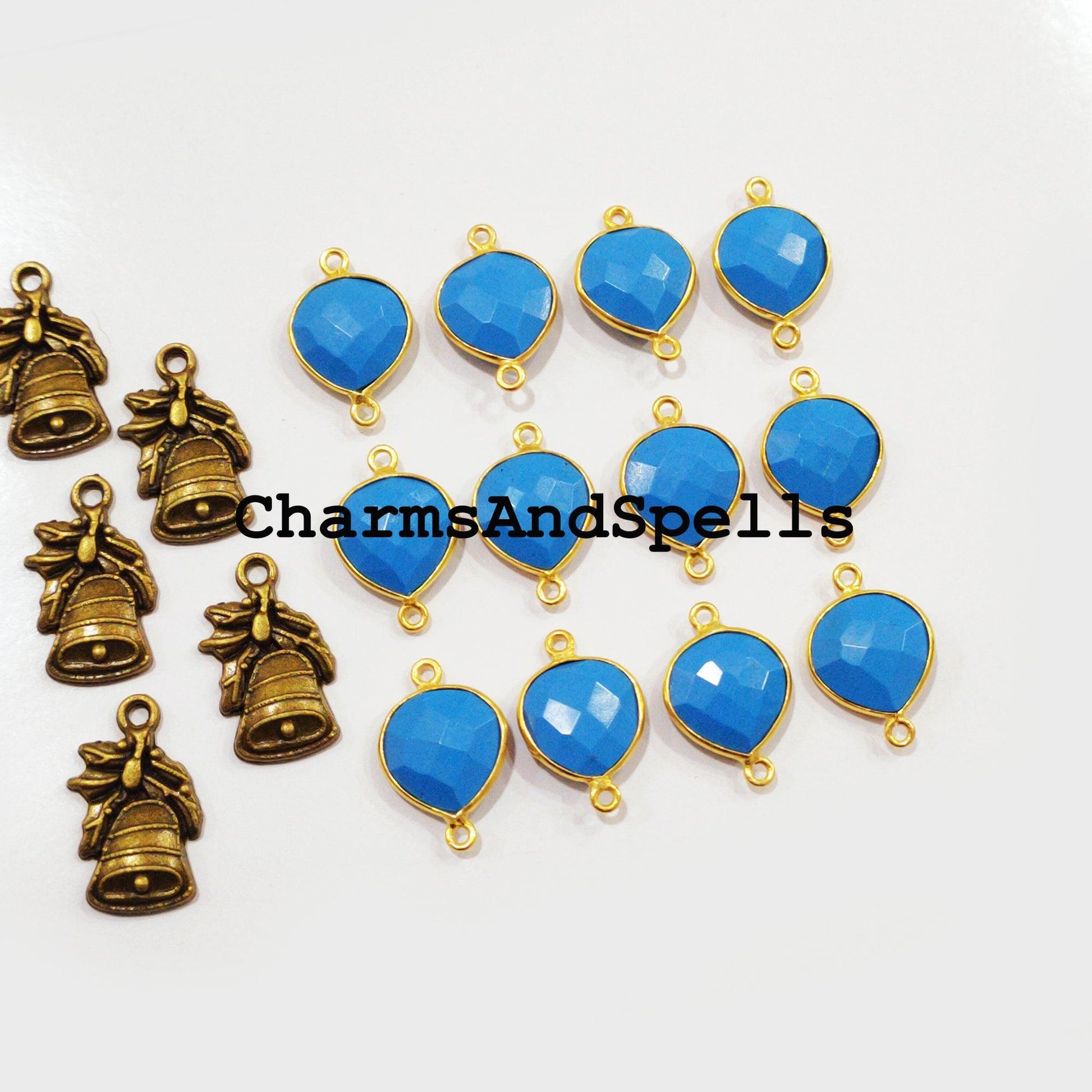 Turquoise Gemstone Gold Plated Bezel Connector, Gemstone Connector, 14x20 Blue Turquoise Connector, Double Bail Turquoise - Charms And Spells