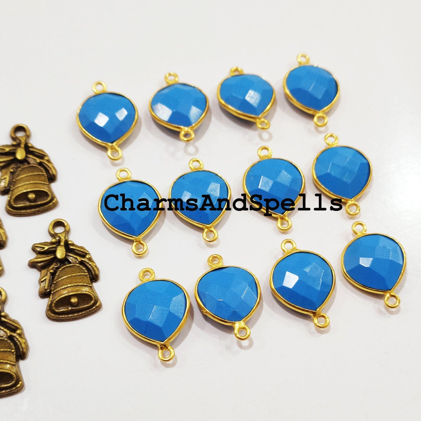 Turquoise Gemstone Gold Plated Bezel Connector, Gemstone Connector, 14x20 Blue Turquoise Connector, Double Bail Turquoise - Charms And Spells